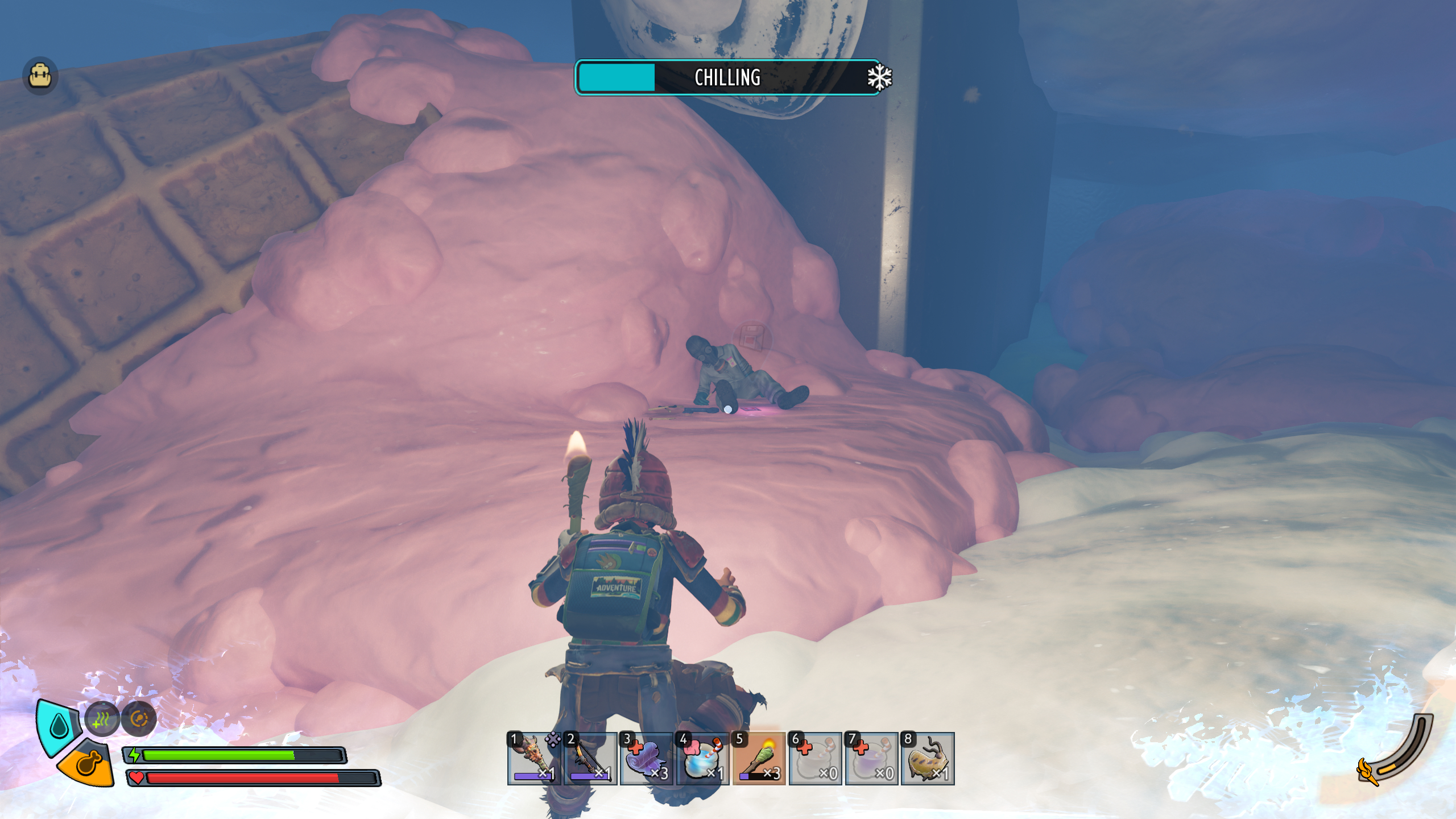 Grounded 2 missing optical disk locations: A player crouched as they walk towards a scientist's body on a pile of pink ice cream.