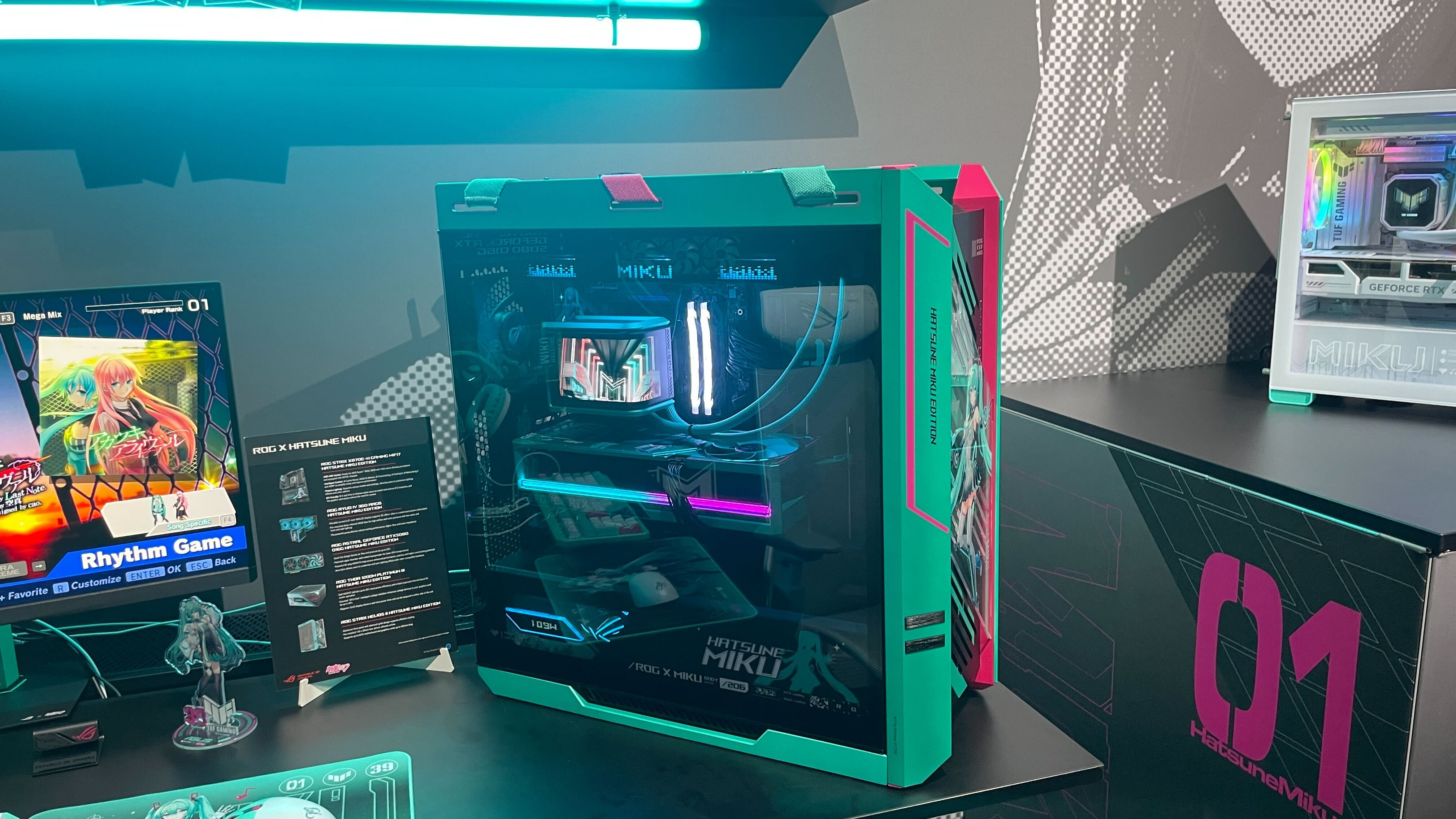 A showroom featuring many peripherals and bits of hardware from the Asus x Hatsune Miku collaboration.
