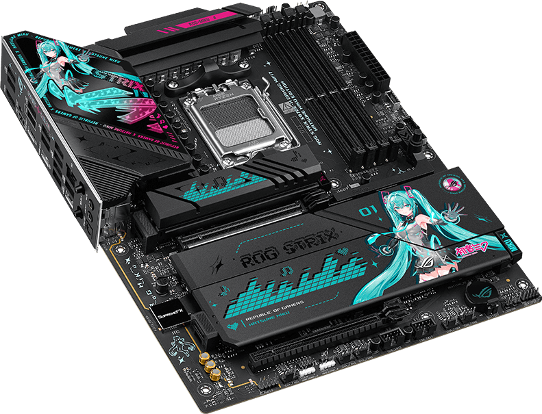 Various bits of hardware from the Asus x Hatsune Miku collaboration.