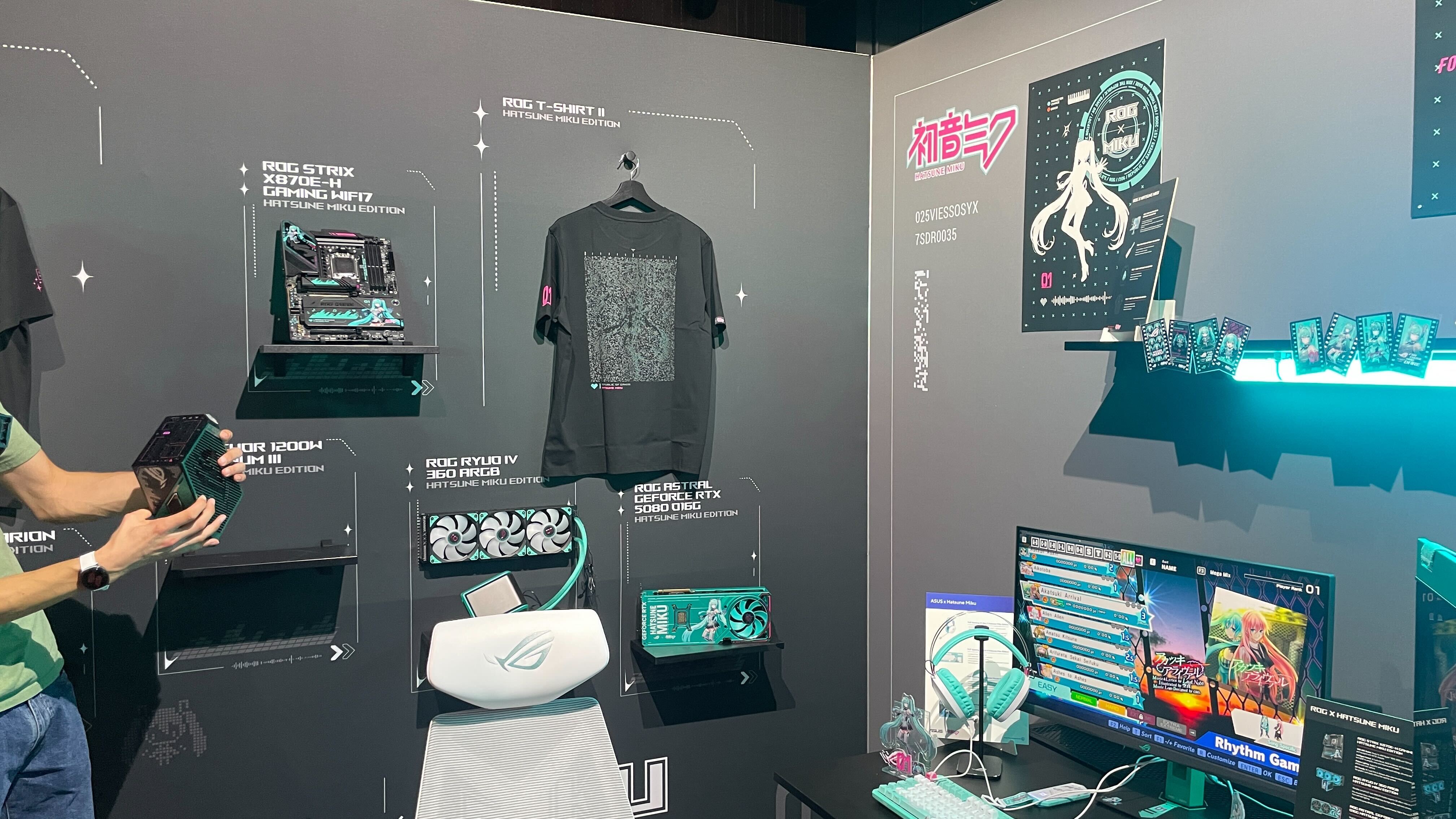 A showroom featuring many peripherals and bits of hardware from the Asus x Hatsune Miku collaboration.