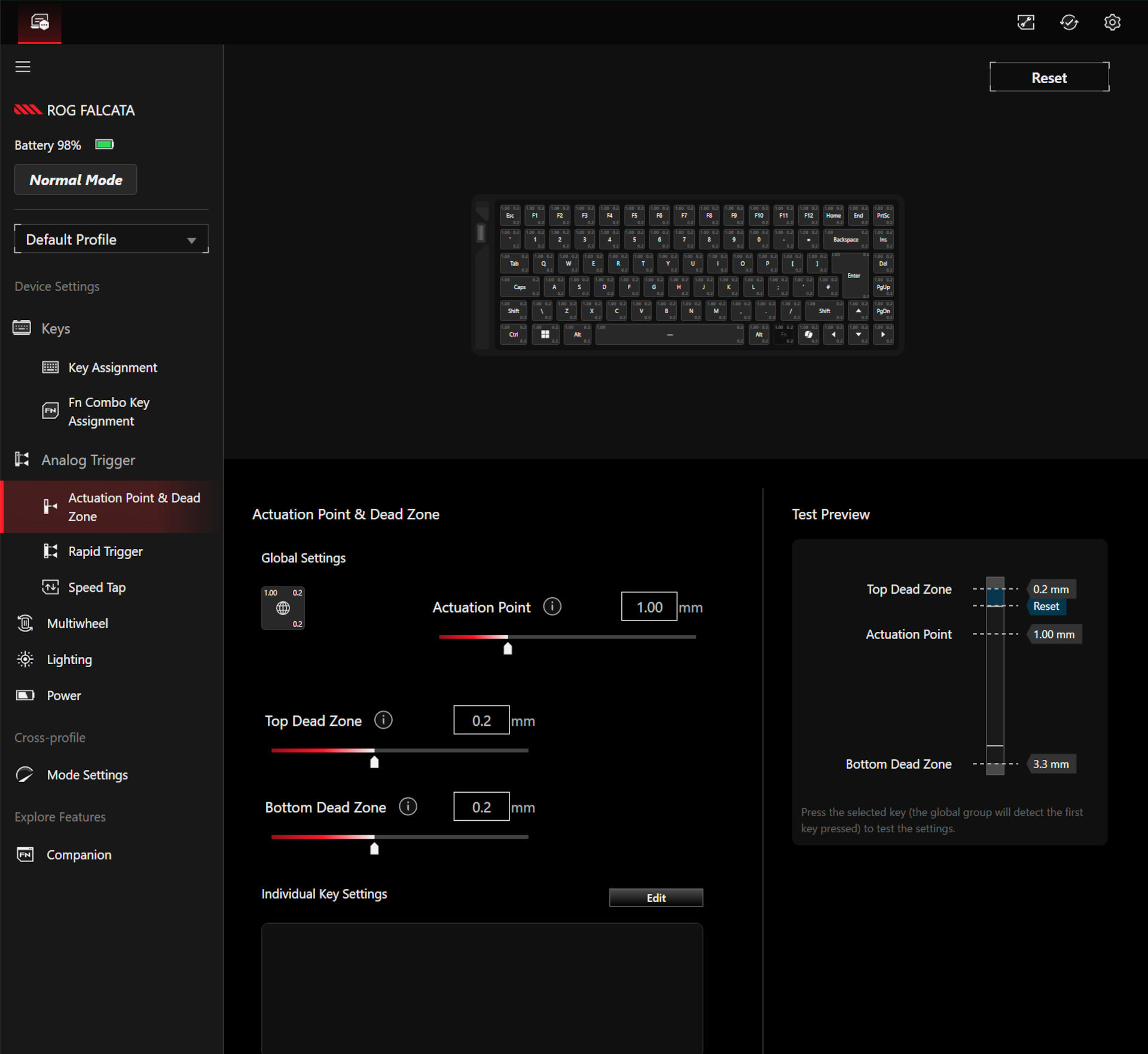 A screenshot of the Asus Gear Link peripheral control software, showing some of the settings for the Asus ROG Falcata gaming keyboard