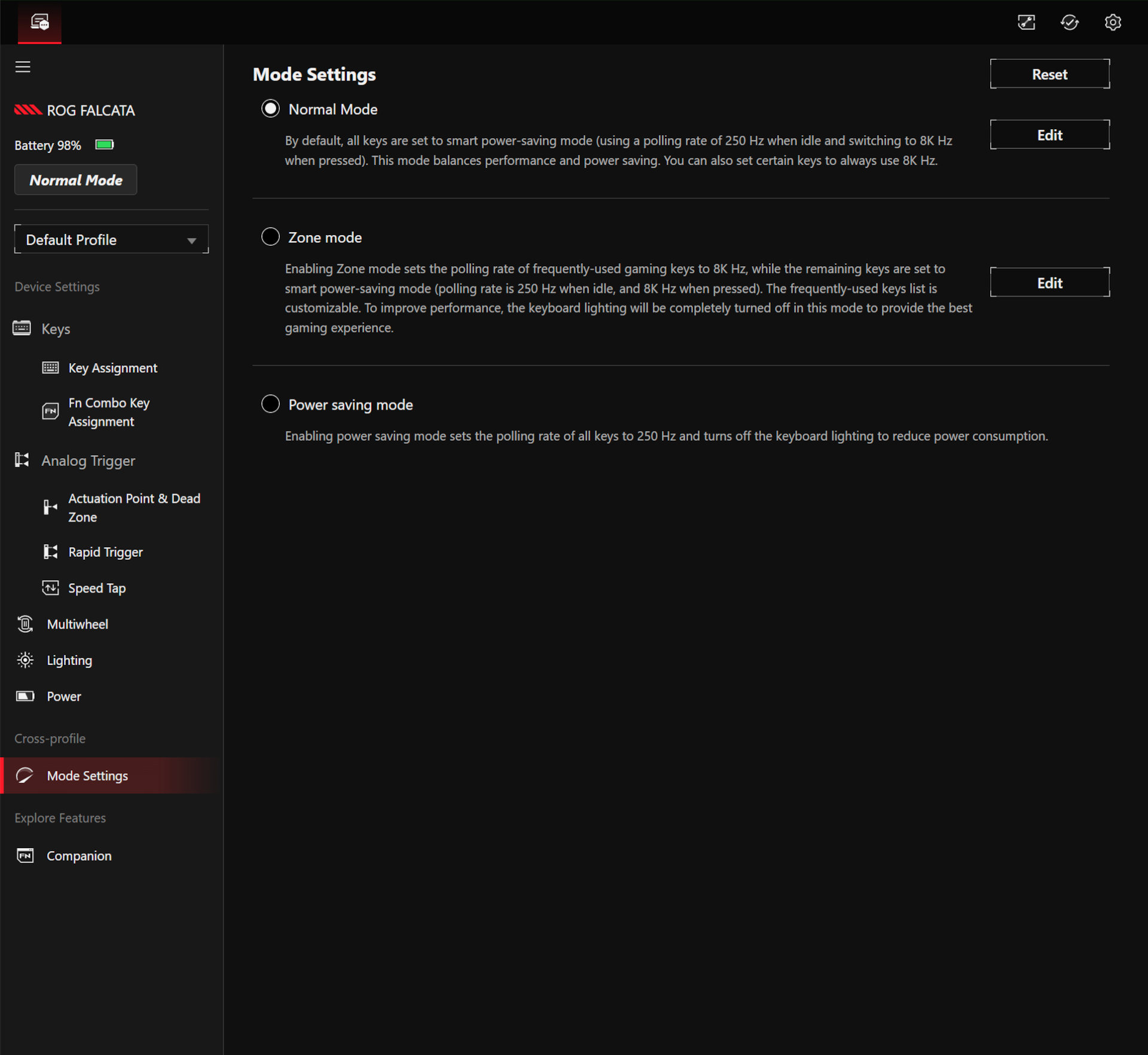A screenshot of the Asus Gear Link peripheral control software, showing some of the settings for the Asus ROG Falcata gaming keyboard