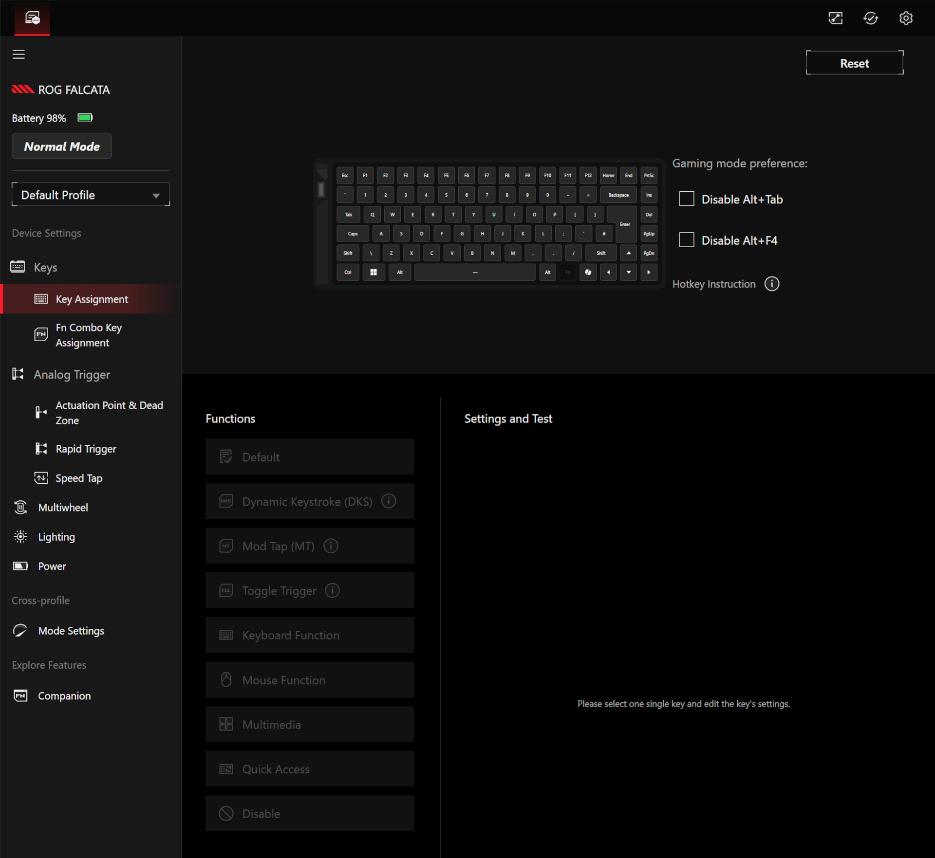 A screenshot of the Asus Gear Link peripheral control software, showing some of the settings for the Asus ROG Falcata gaming keyboard