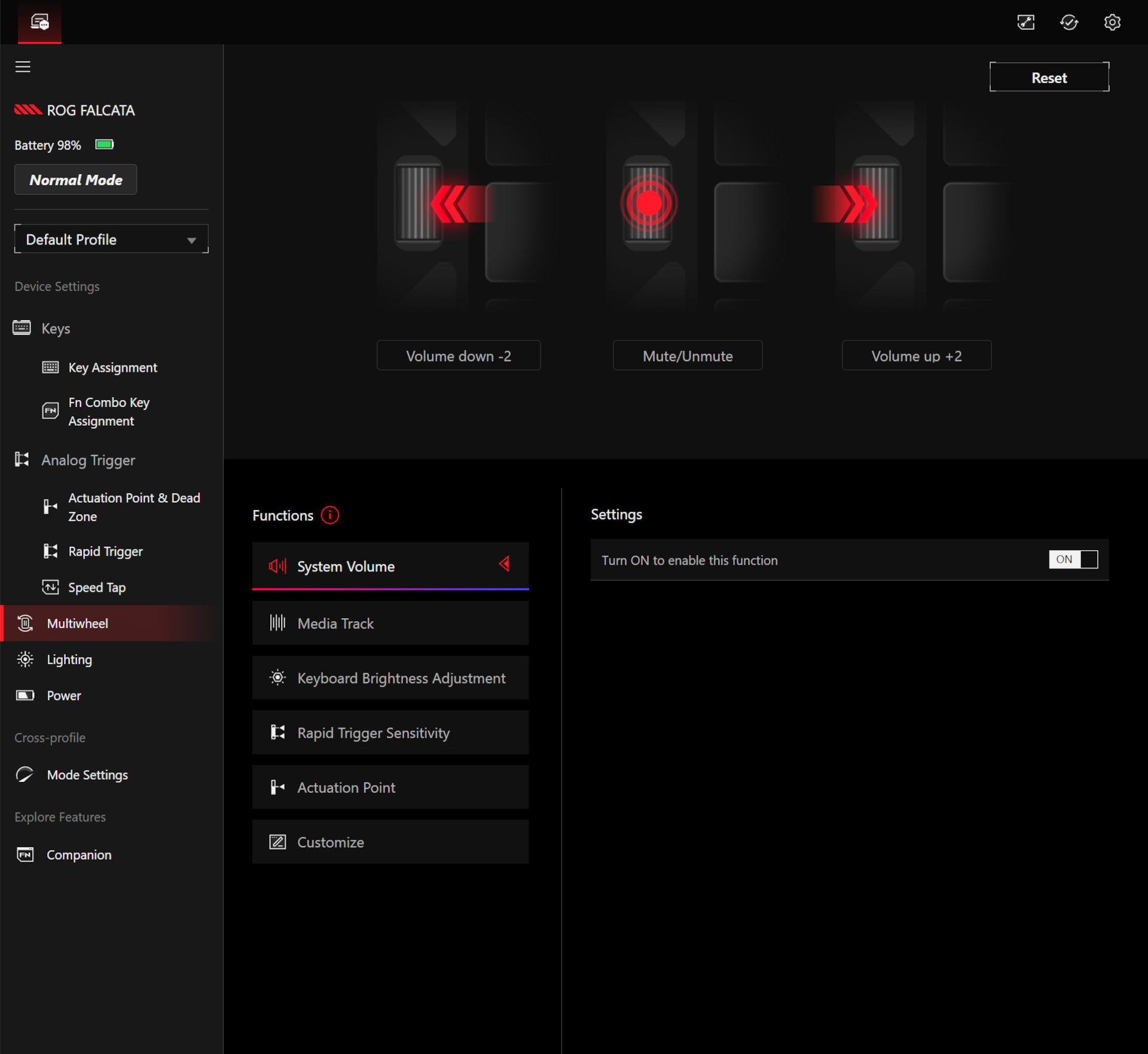 A screenshot of the Asus Gear Link peripheral control software, showing some of the settings for the Asus ROG Falcata gaming keyboard