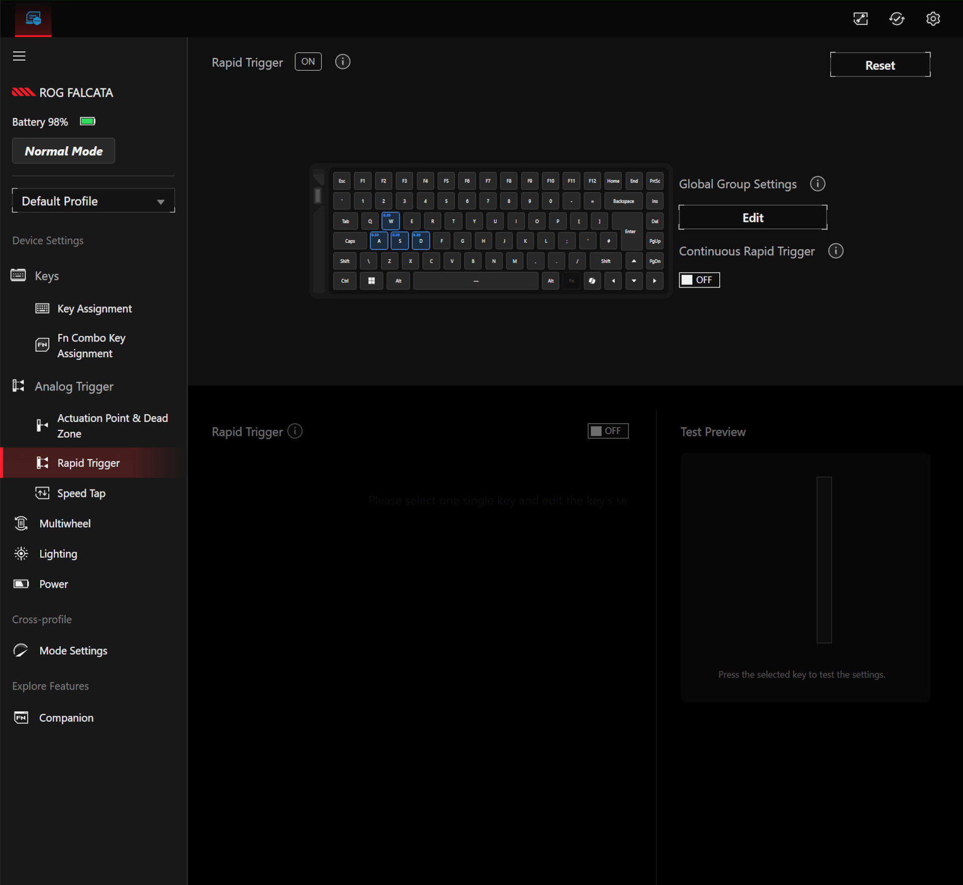 A screenshot of the Asus Gear Link peripheral control software, showing some of the settings for the Asus ROG Falcata gaming keyboard