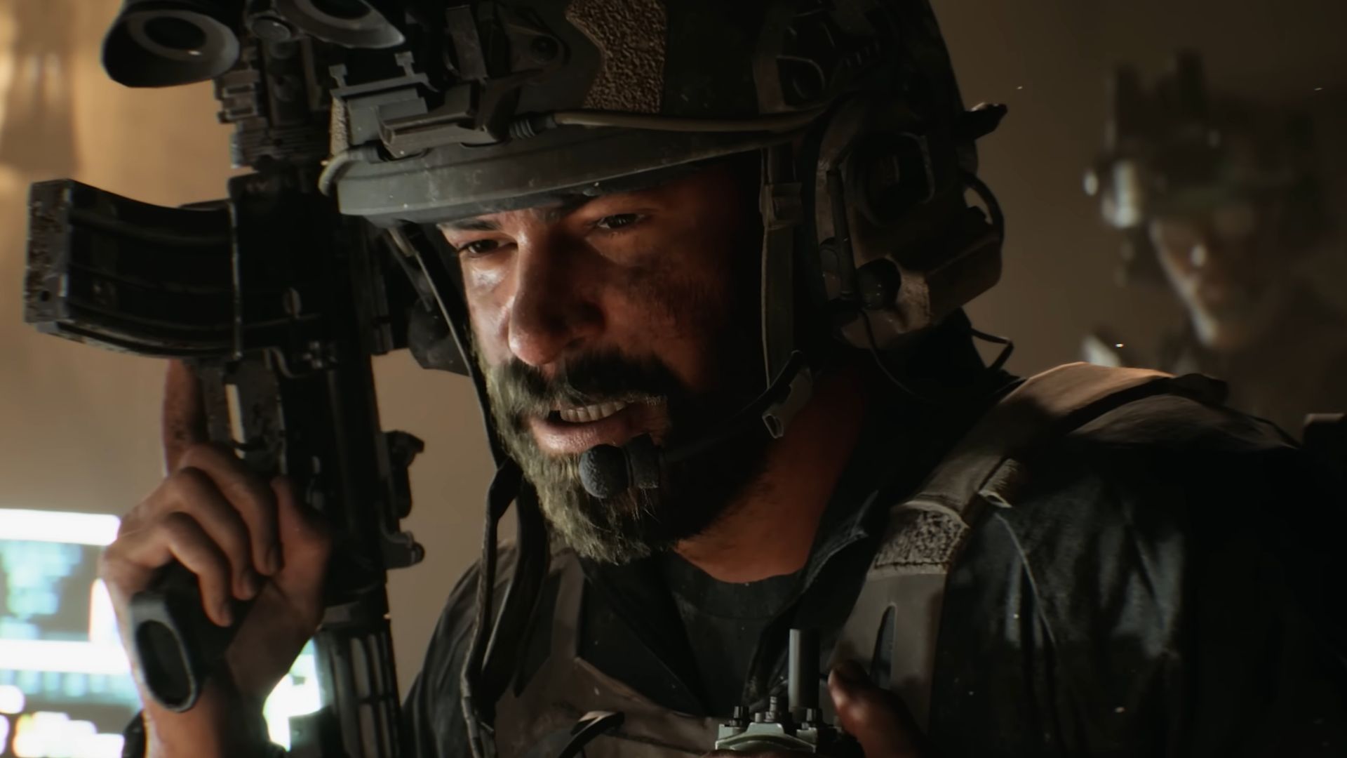 A Battlefield 6 soldier from the reveal trailer holding a gun, with his finger on the trigger.