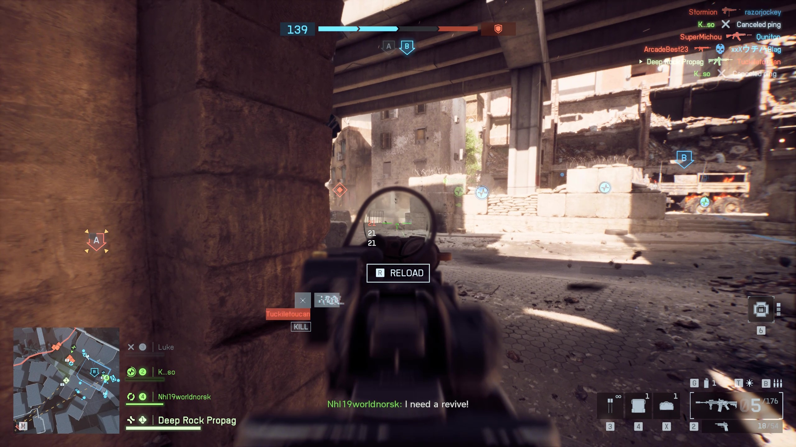 Battlefield 6 spotting: A player aiming an assault rifle down a street as a firefight breaks out.