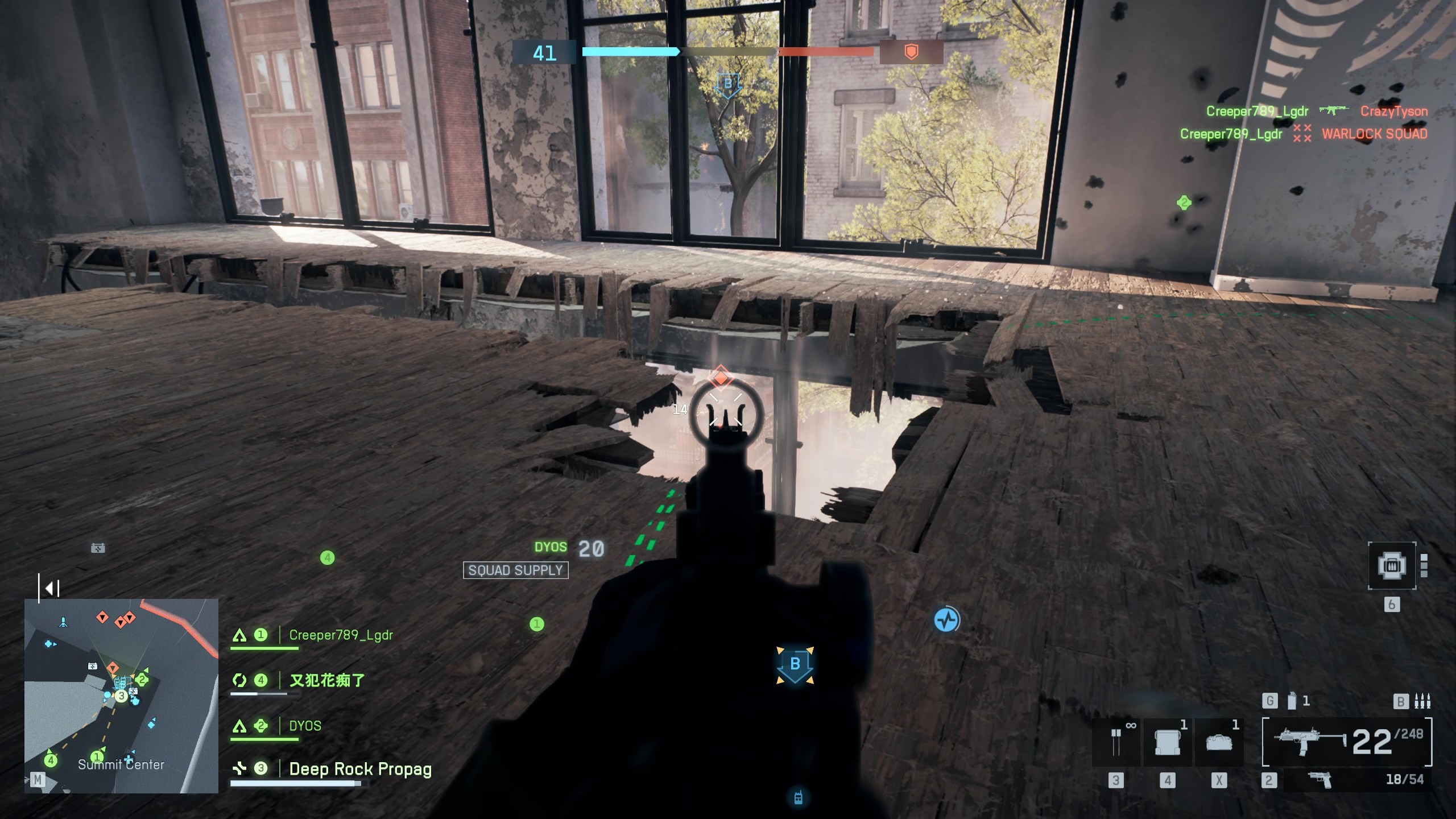 Battlefield 6 spotting: A player aiming an SMG through a hole in the floor at an enemy on the street in the distance.