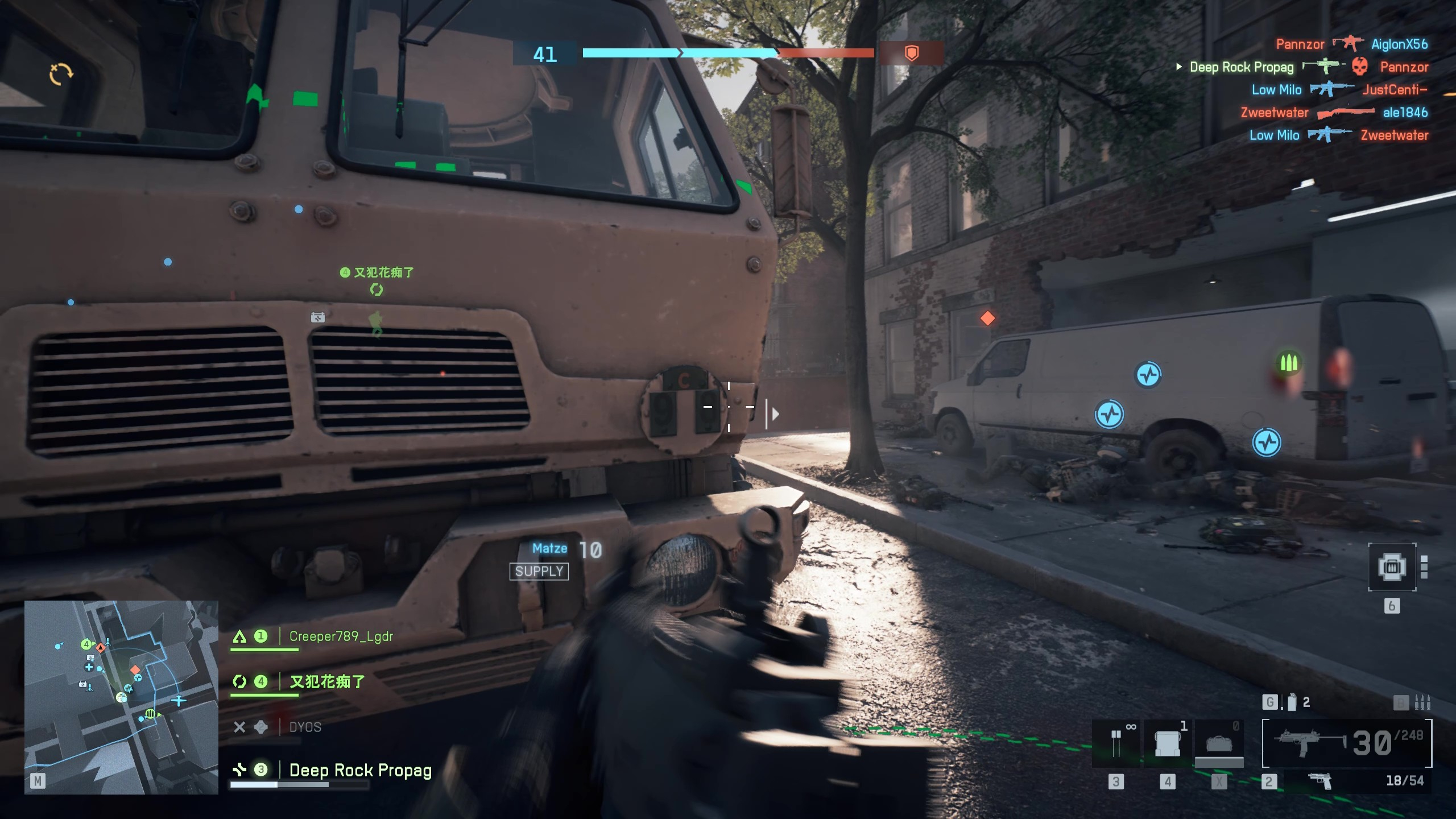 Battlefield 6 spotting: A player running out into a street from behind an armoured truck.