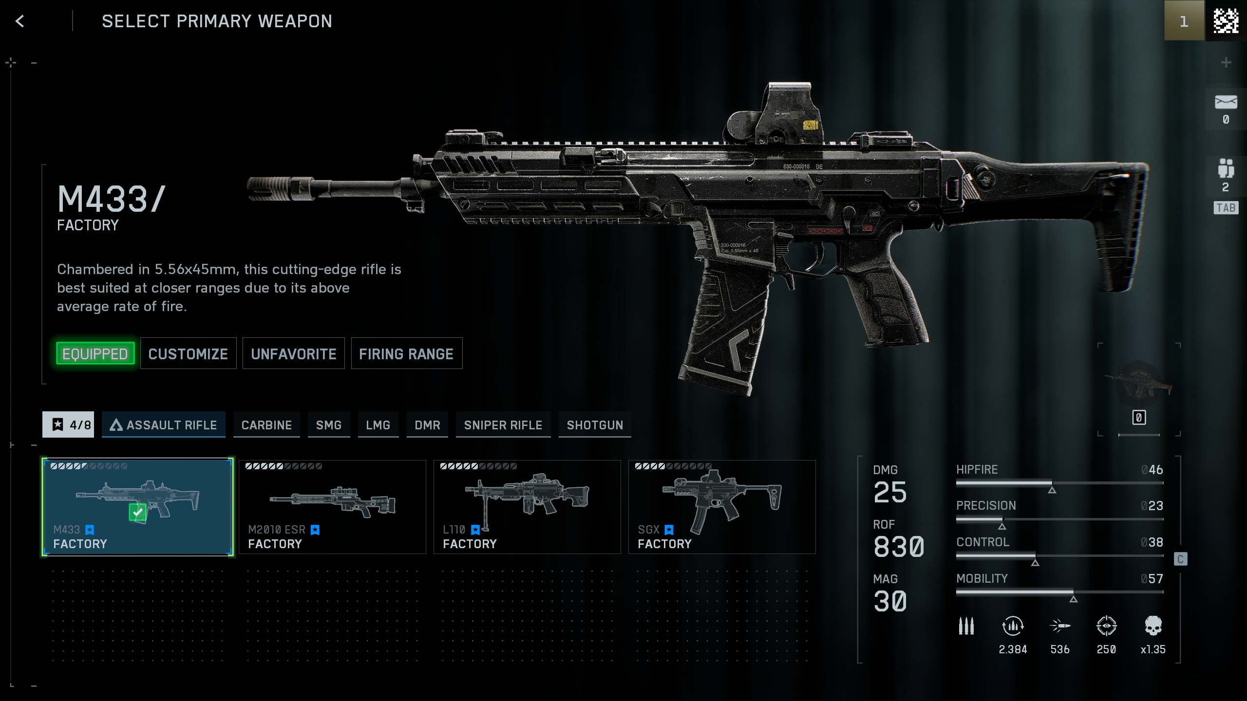 Battlefield 6 ui redesigns: The M433 in the weapon selection menu, alongside other guns.