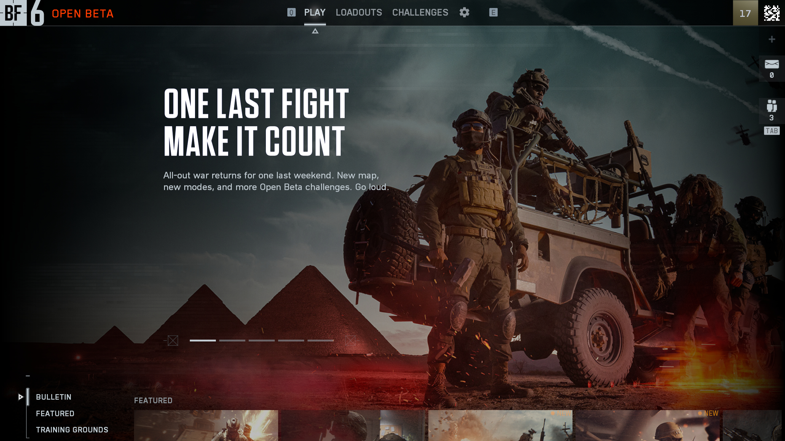 Battlefield 6 ui redesigns: The main menu of the game, with a large promo box at the top and the multiplayer playlists at the bottom.