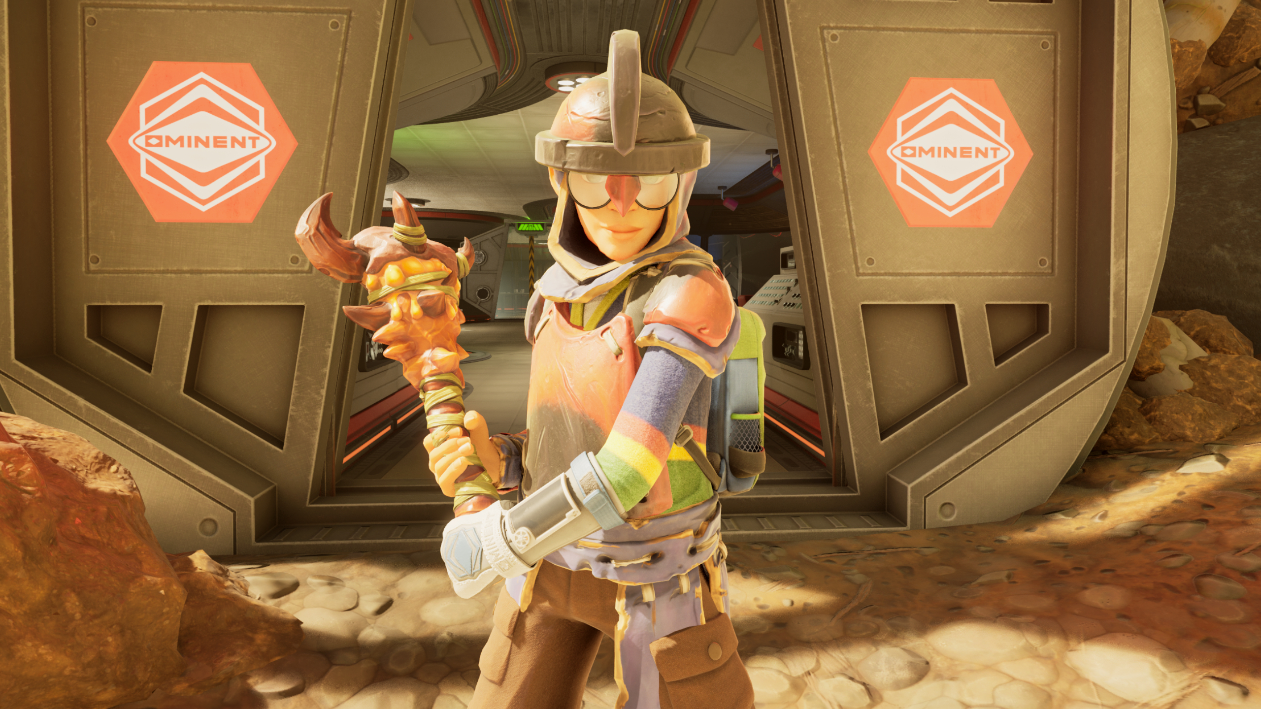 Grounded 2 best weapons: A character wearing heavy armour and holding a club while standing in a doorway to an Ominent Ranger Outpost.