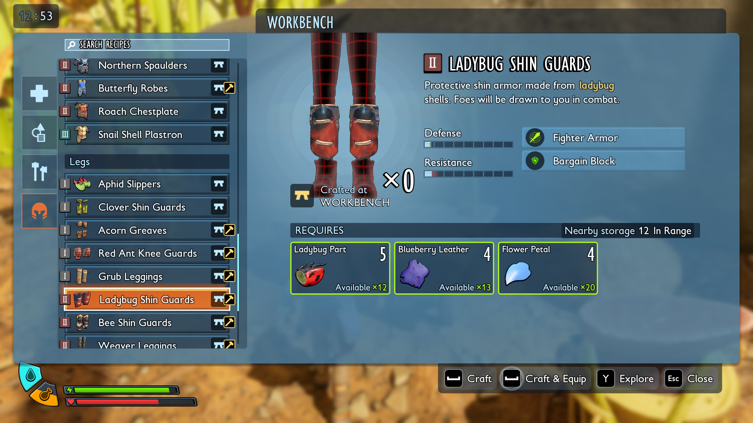 Grounded 2 best armour: The Ladybug Shin Guards recipe shown in the workbench interface.