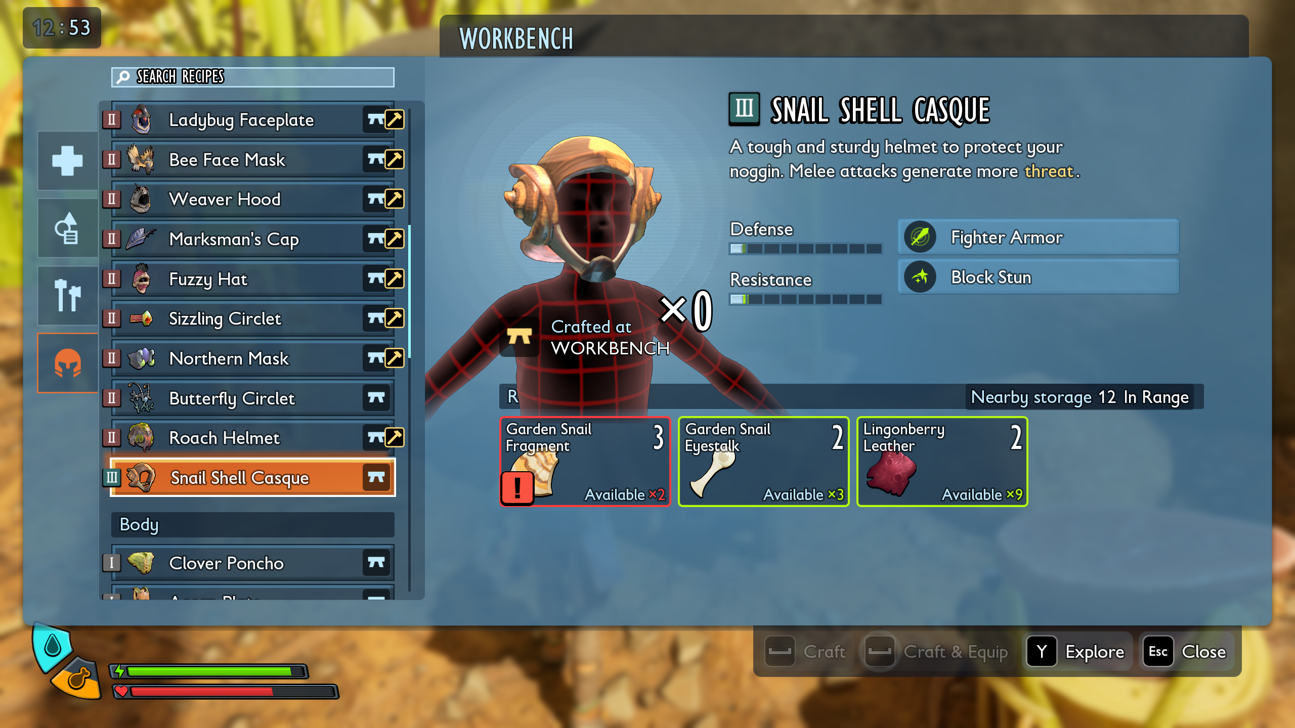 Grounded 2 best armour: The Snail Shell Casque recipe shown in the workbench interface.