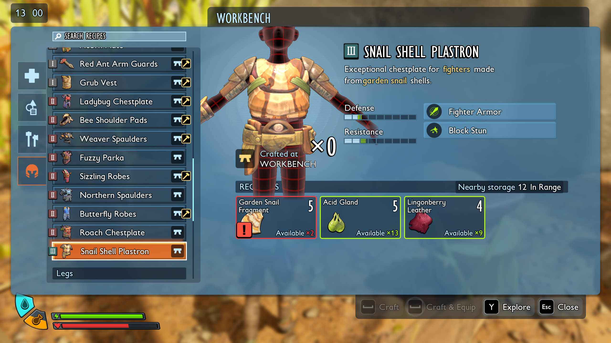 Grounded 2 best armour: The Snail Shell Plastron recipe shown in the workbench interface.