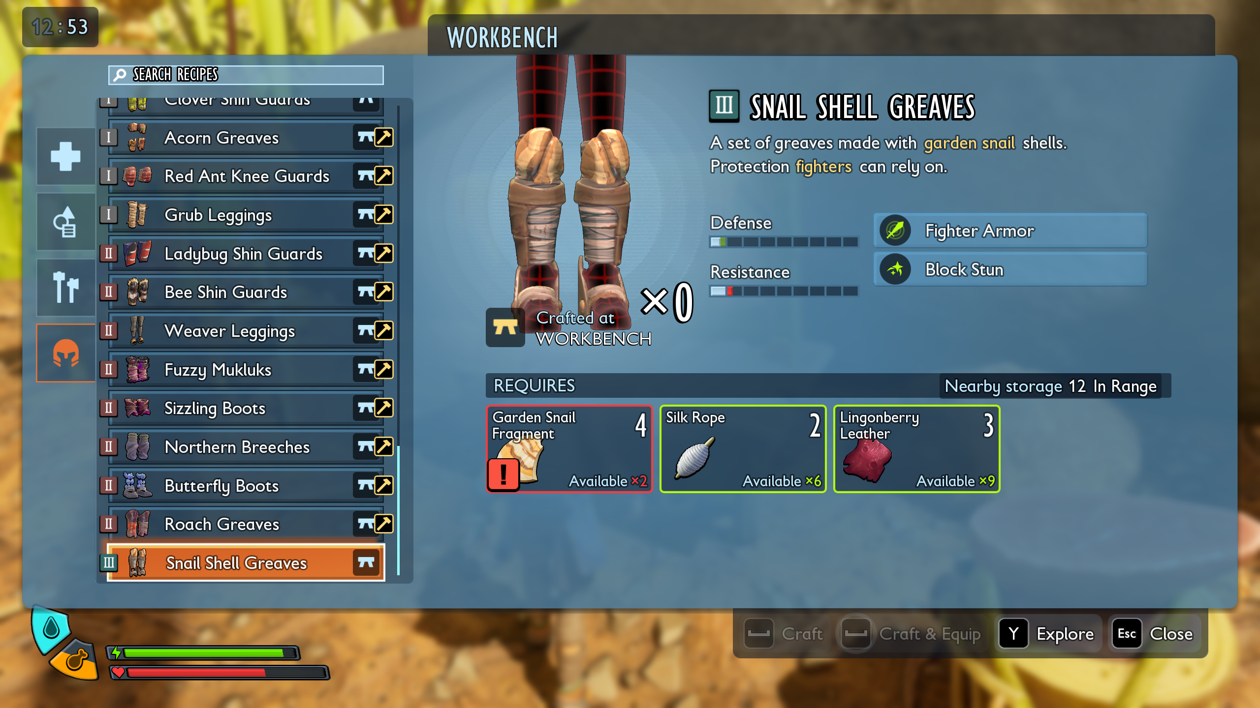 Grounded 2 best armour: The Snail Shell Greaves recipe shown in the workbench interface.