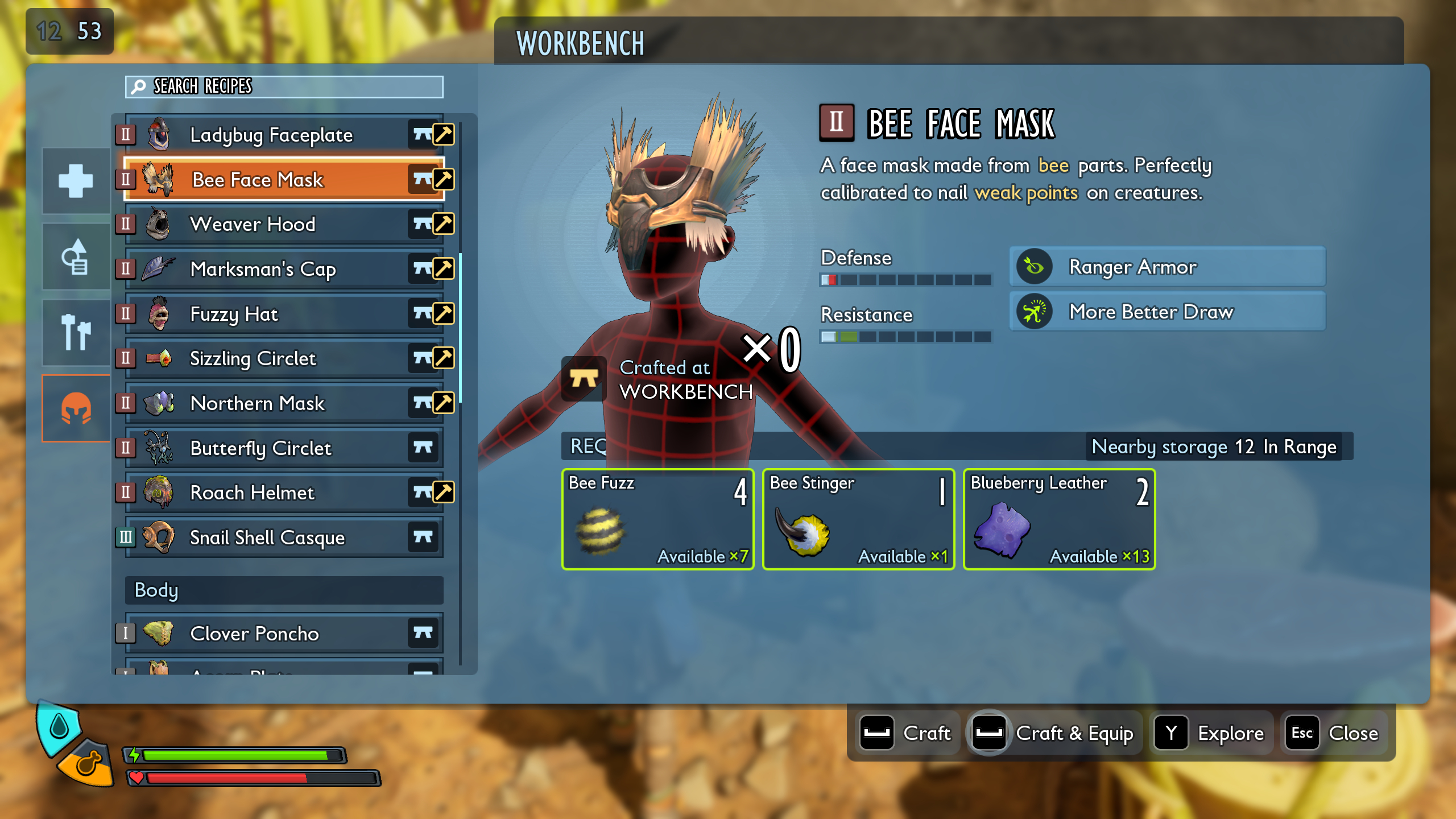 Grounded 2 best armour: The Bee Face Mask recipe shown in the workbench interface.