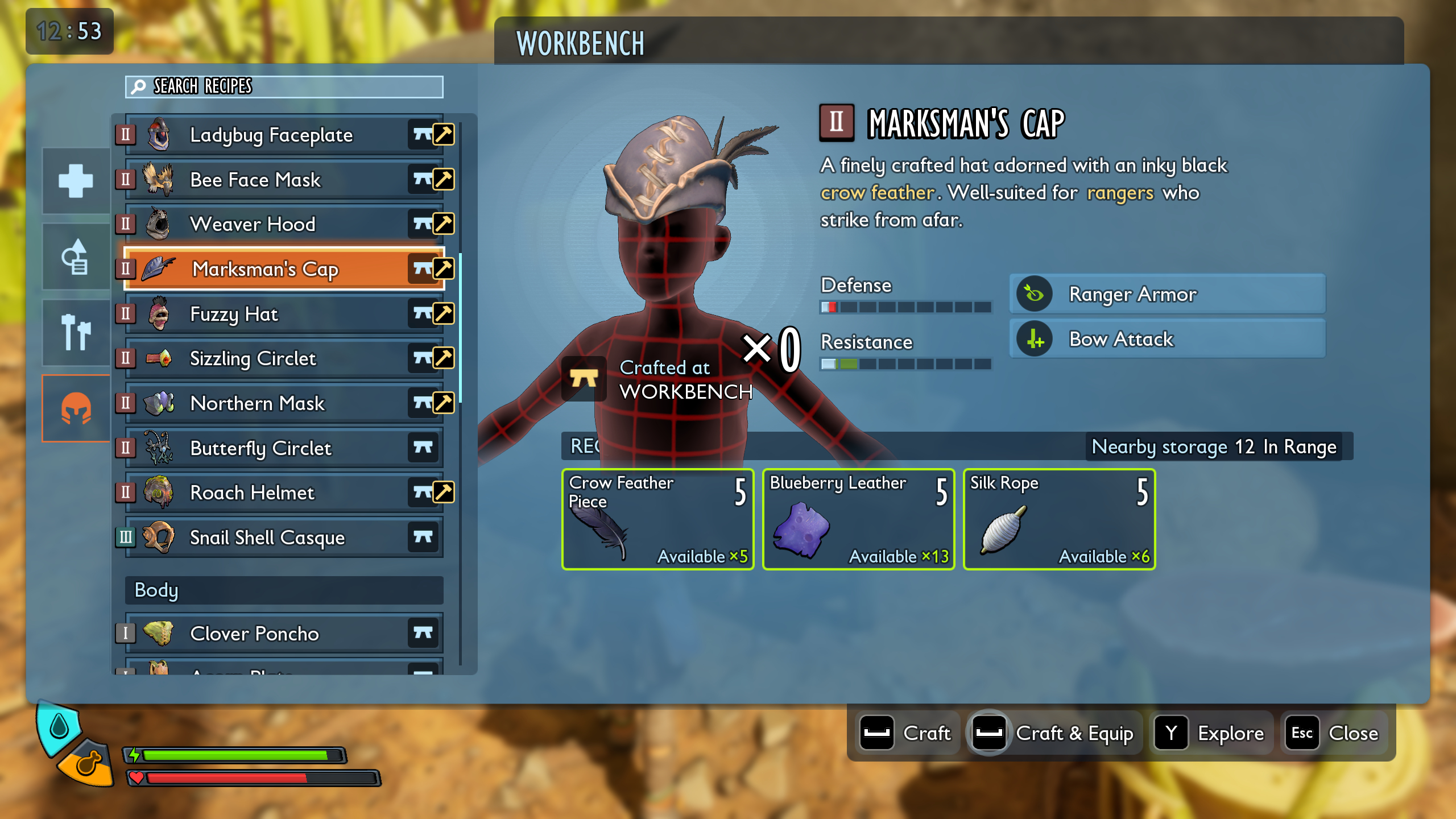 Grounded 2 best armour: The Marksman's Cap recipe shown in the workbench interface.