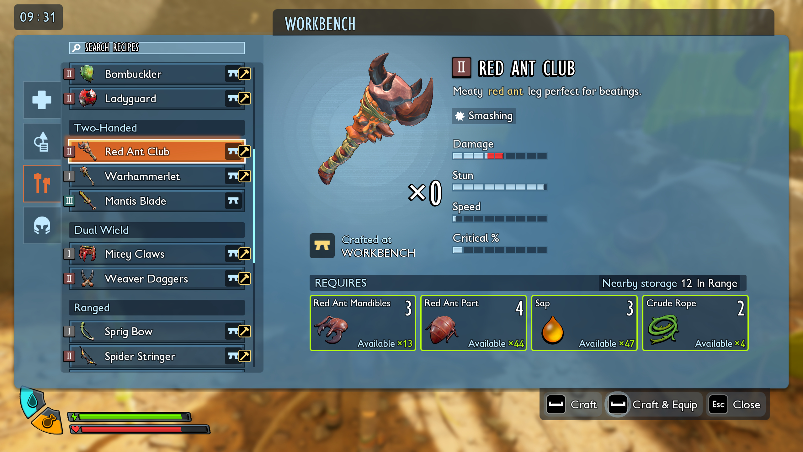 Grounded 2 best weapons: The Red Ant Club recipe shown in the workbench interface.