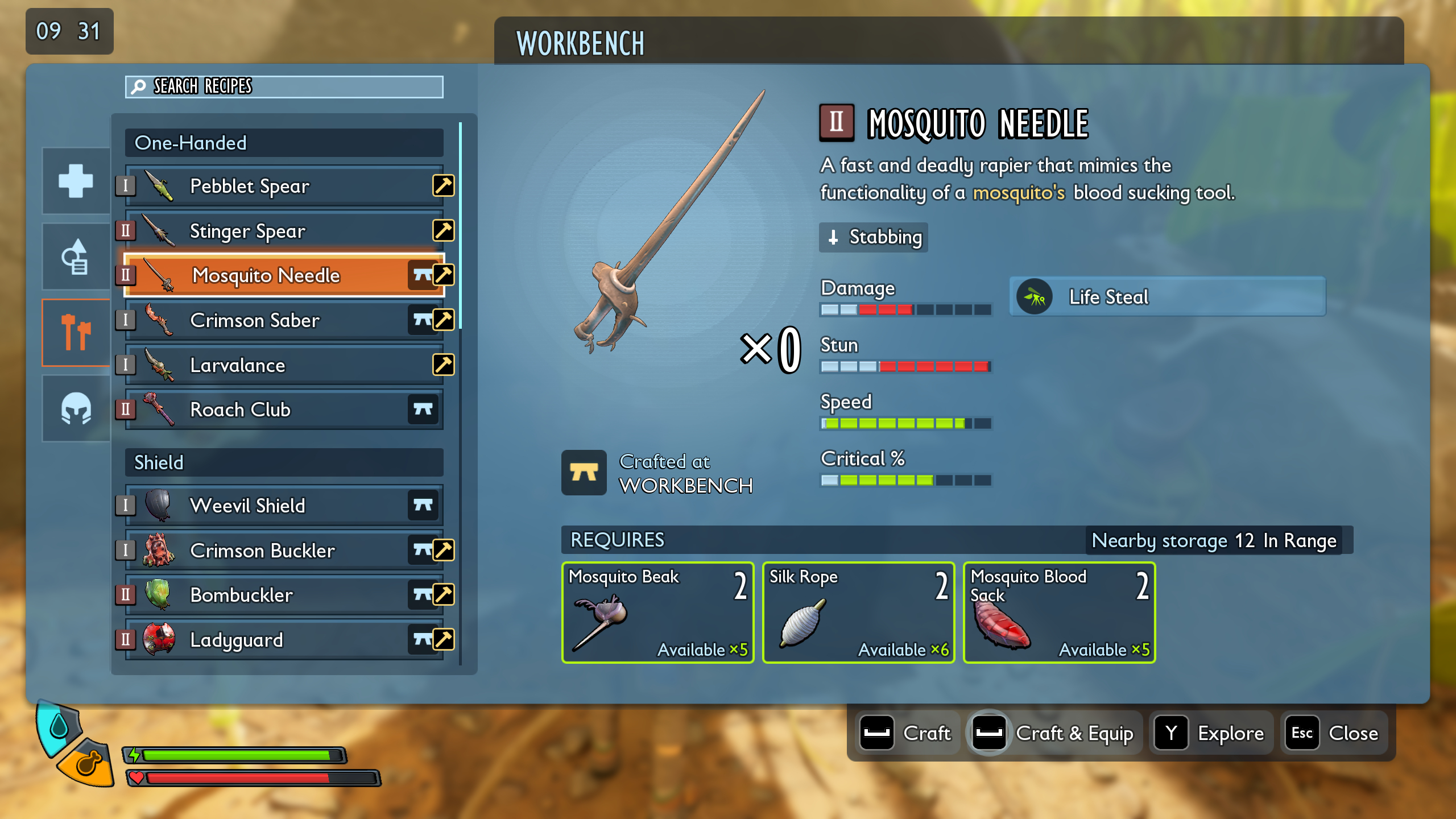 Grounded 2 best weapons: The Mosquito Needle recipe shown in the workbench interface.