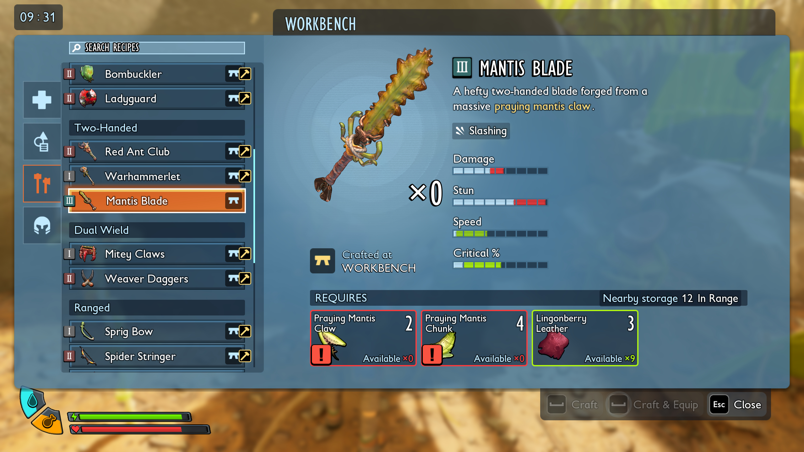 Grounded 2 best weapons: The Mantis Blade recipe shown in the workbench interface.