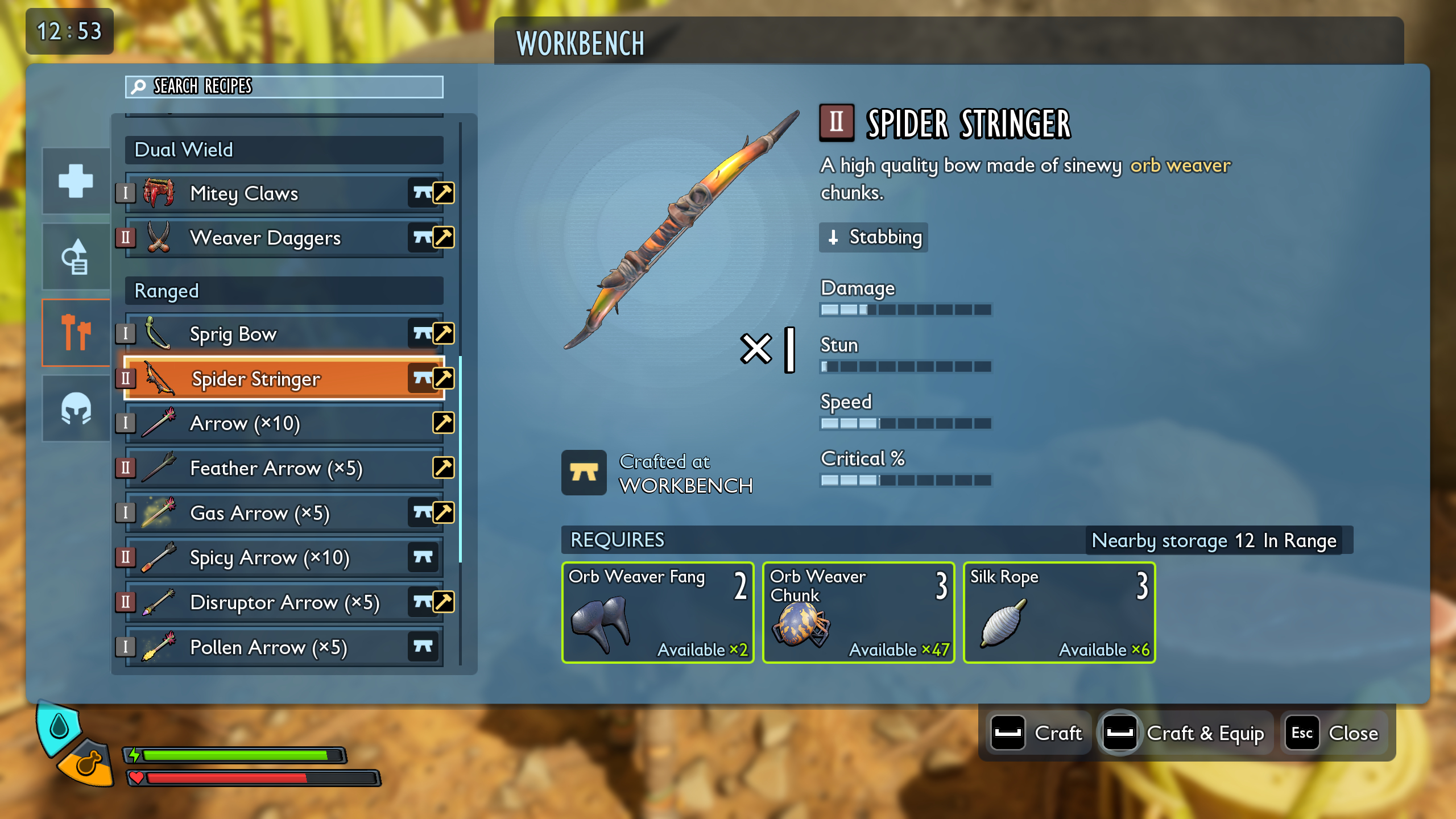Grounded 2 best weapons: The Spider Stinger recipe shown in the workbench interface.