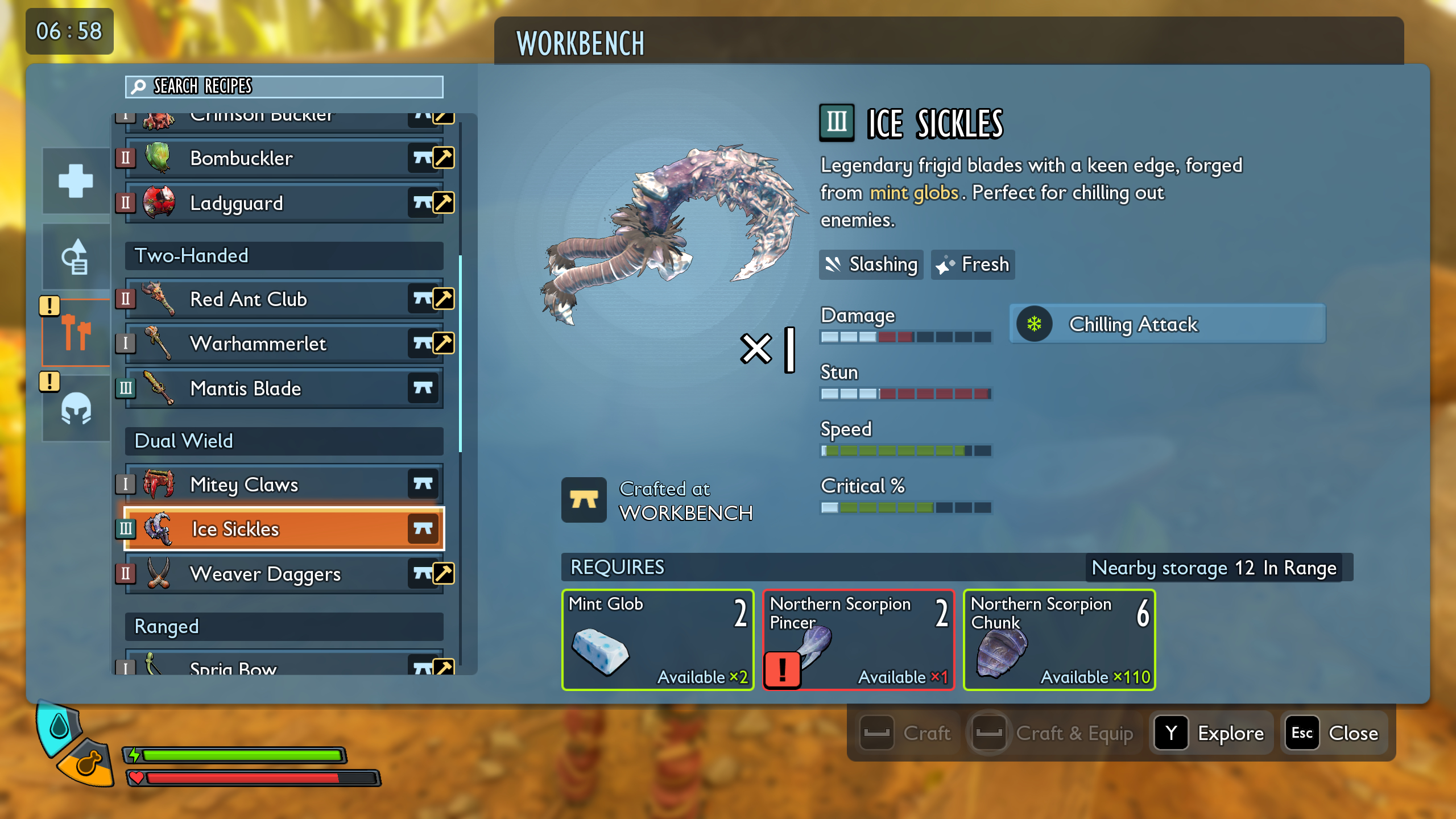 Grounded 2 best weapons: The Ice Sickles recipe shown in the workbench interface.