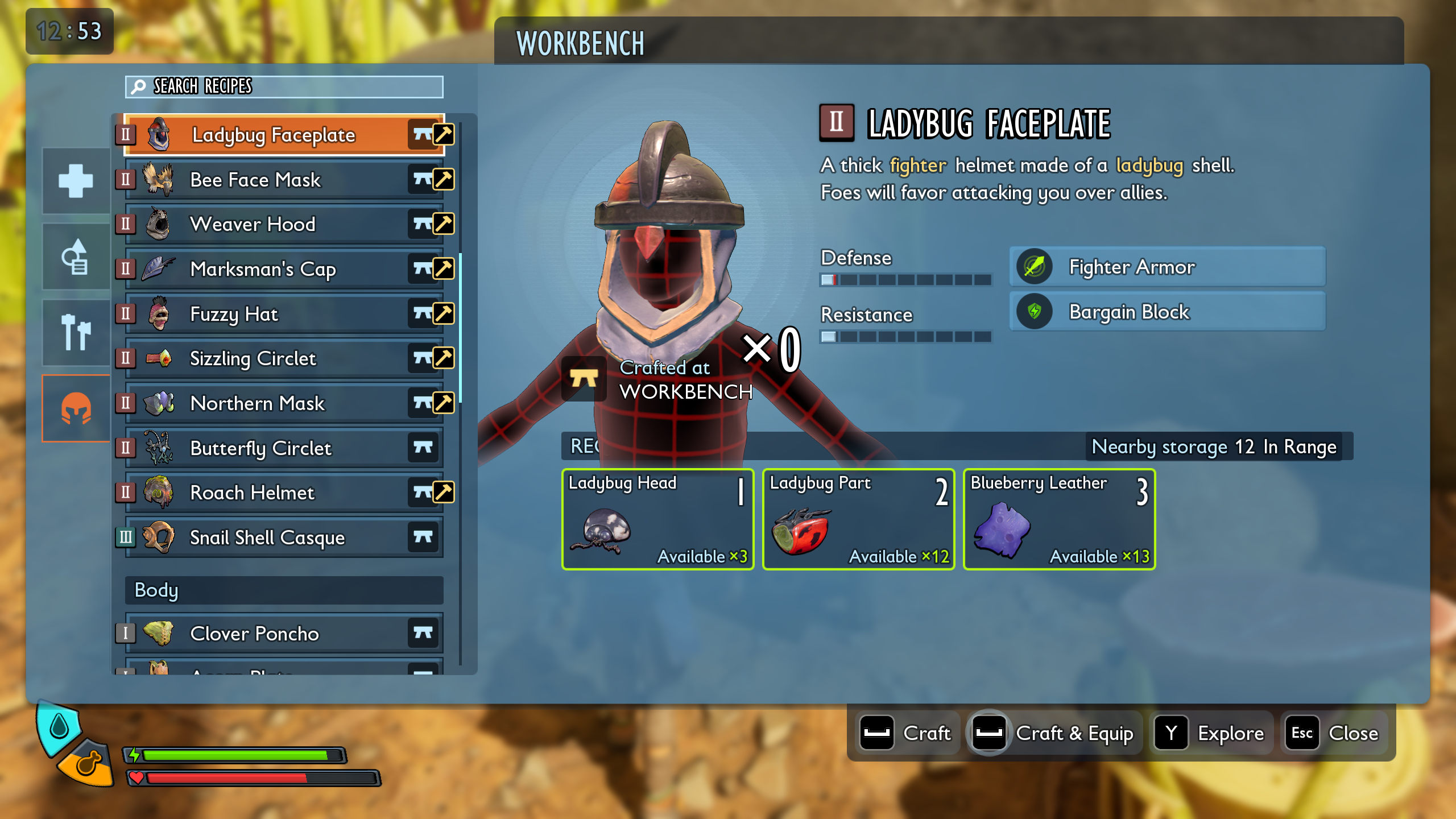 Grounded 2 best armour: The Ladybug Faceplate recipe shown in the workbench interface.