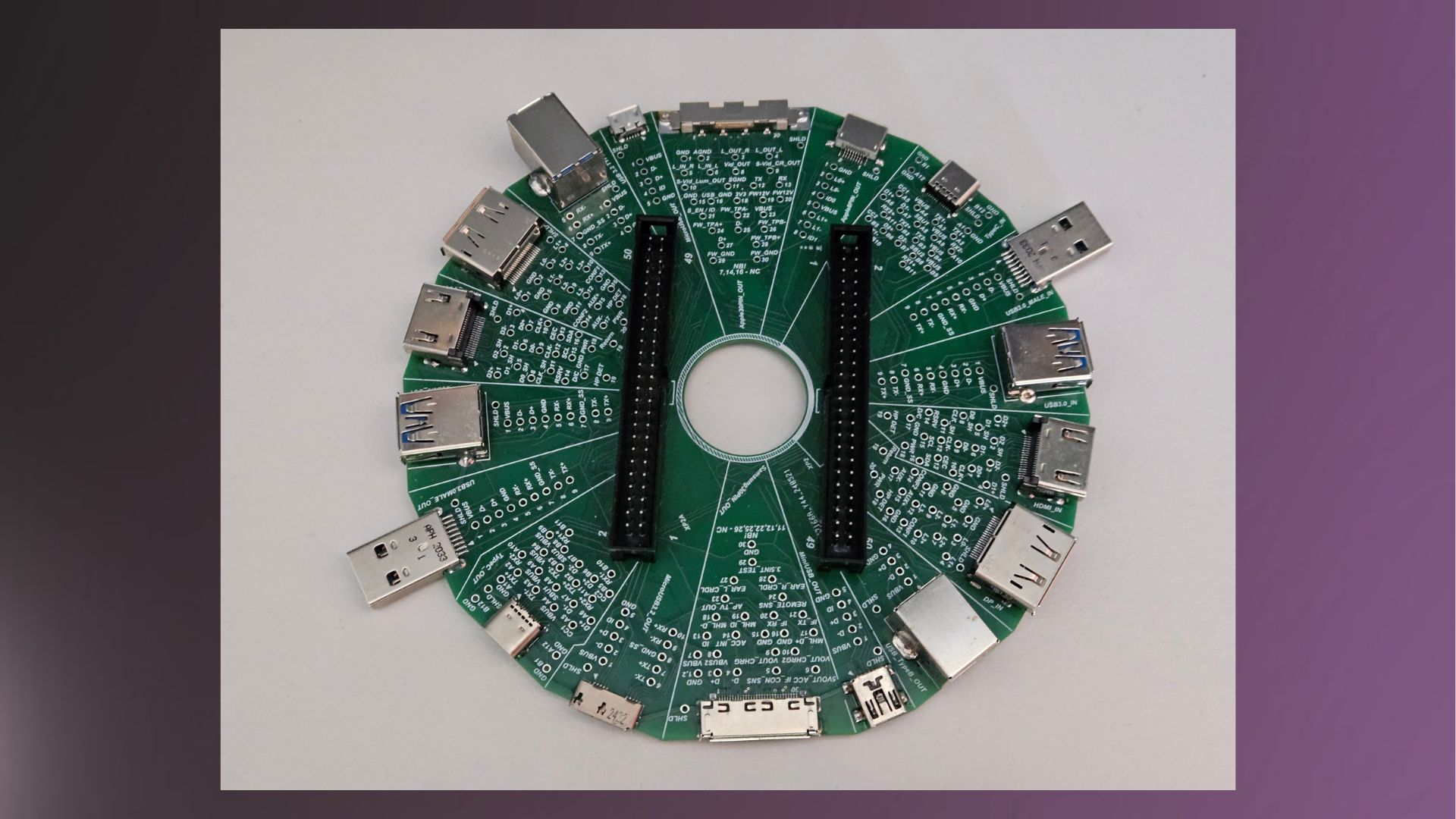 A picture of a USB tester with 12 different connector types.