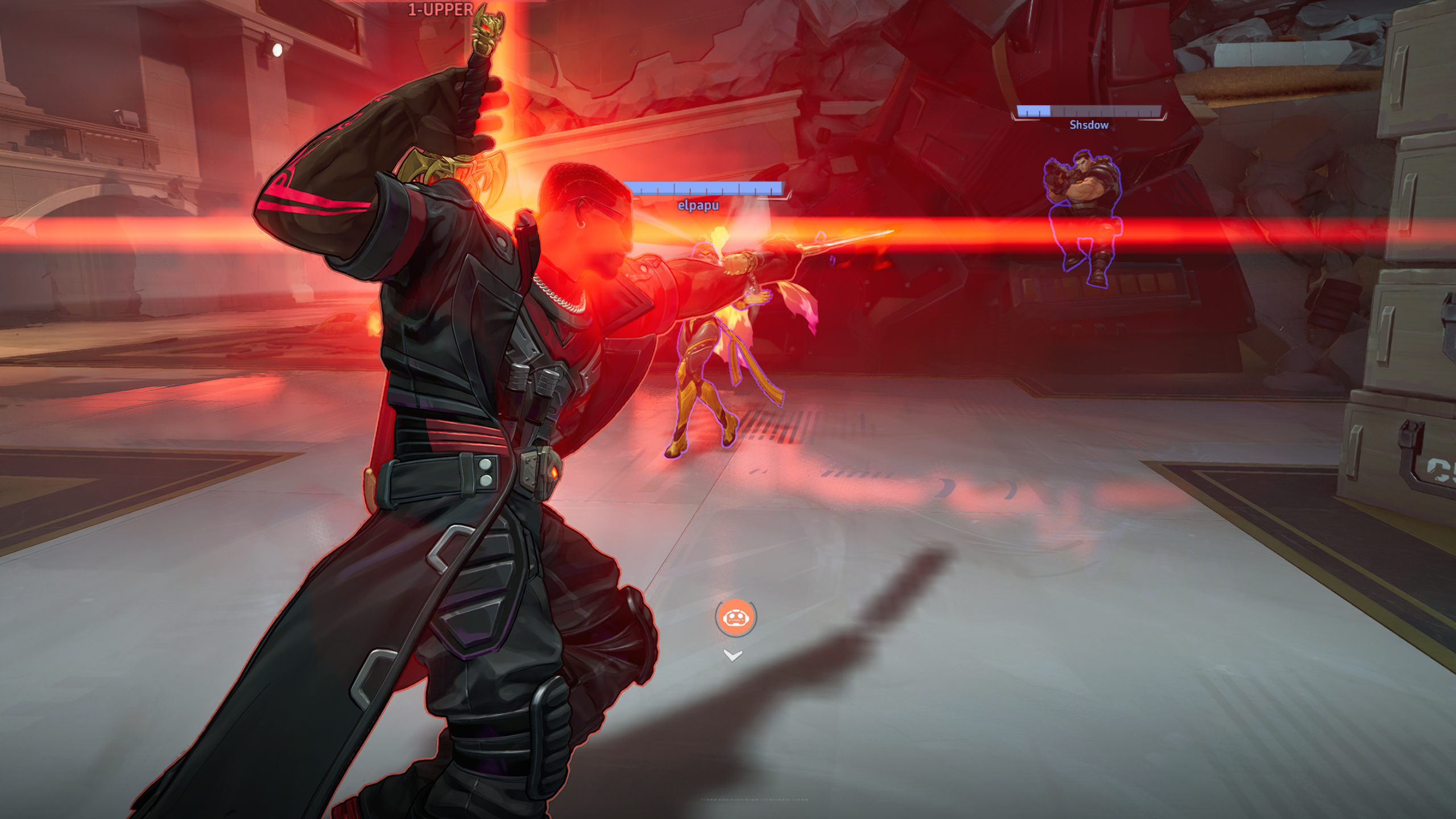 Marvel Rivals Blade: A gameplay screenshot of Blade from behind as he glows red, charging his ultimate ability to attack two enemy players ahead of him.