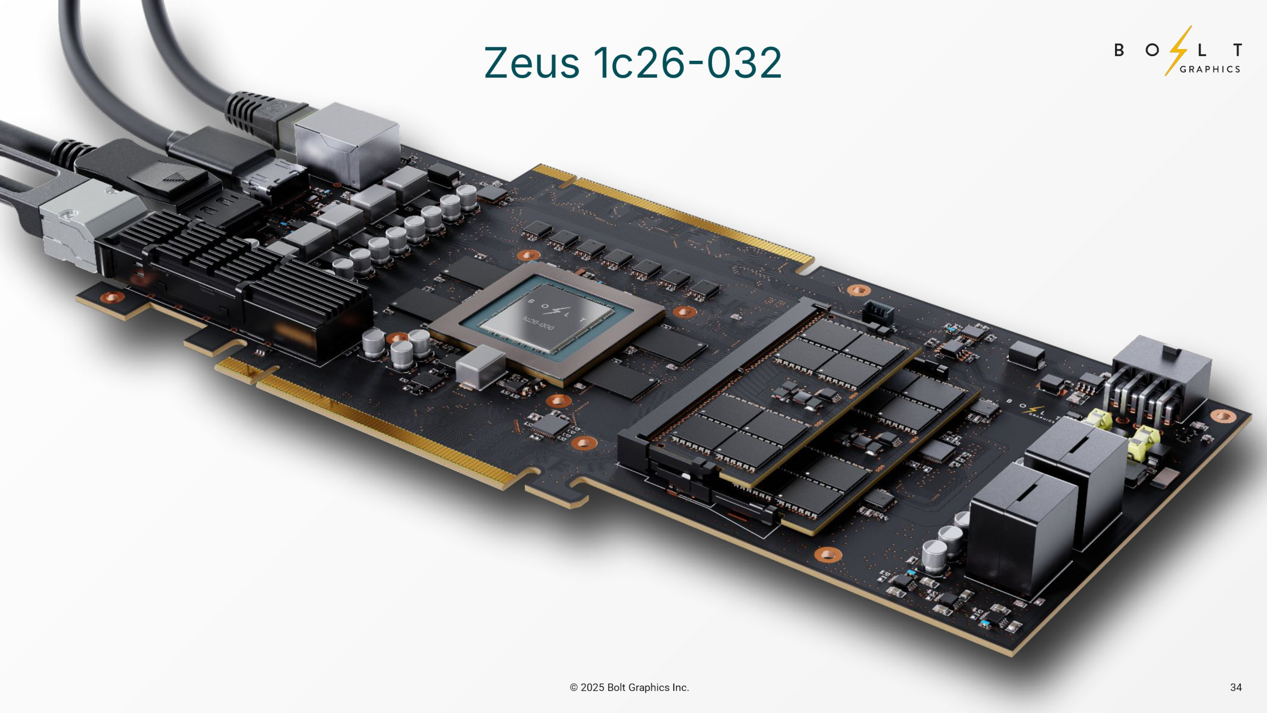 A promotional render of the Bolt Graphics Zeus 1c26-32 graphics card, as published in August 2025.