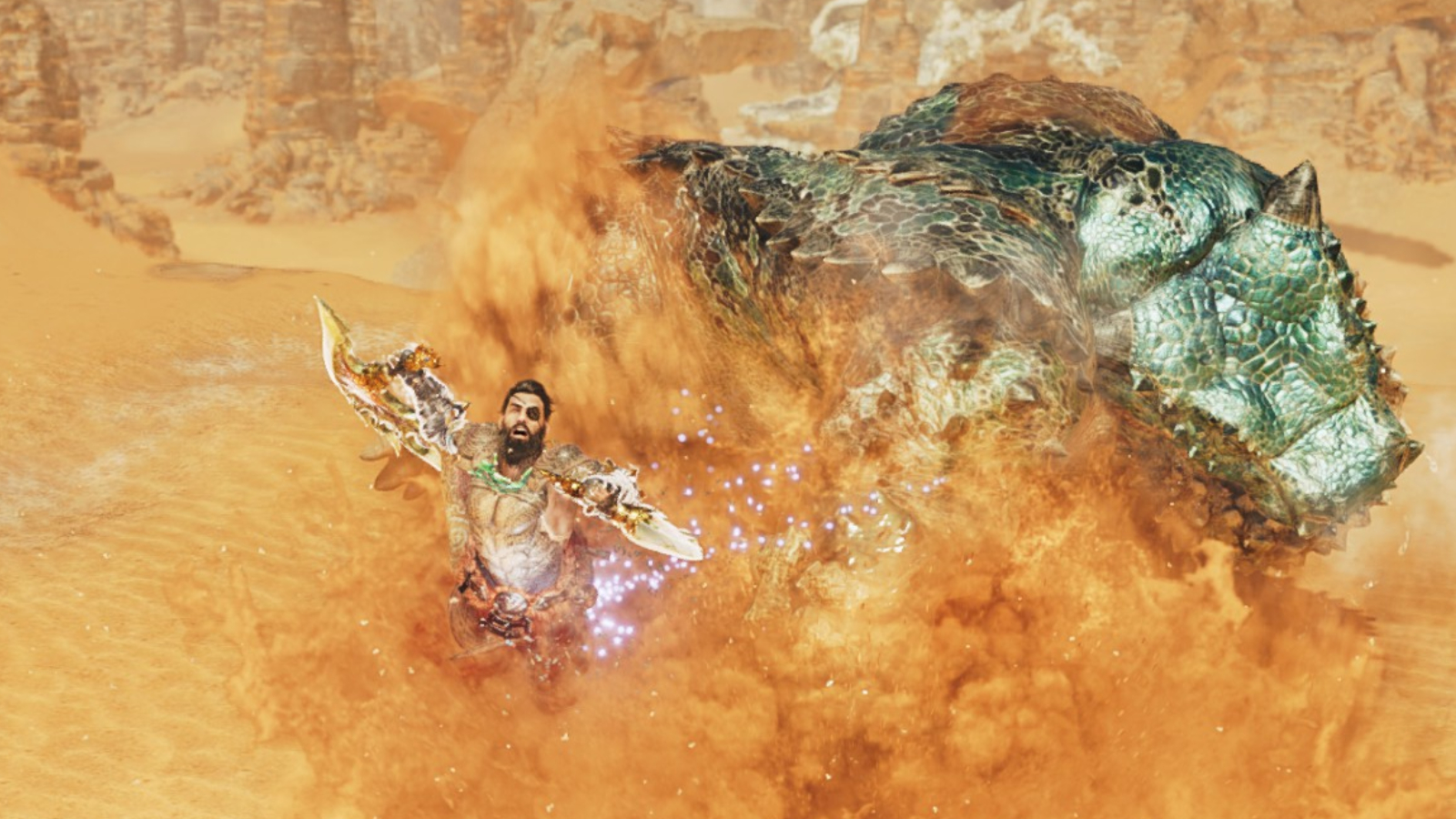 A hunter is launched through the air after getting hit by a Chatacabra slam.