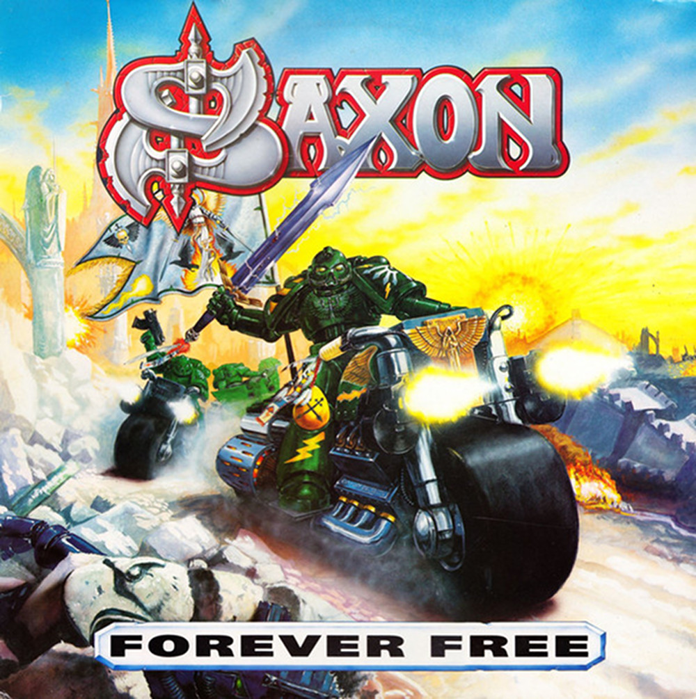 Space marines on motorbikes from the UK cover of Saxon's Forever Free