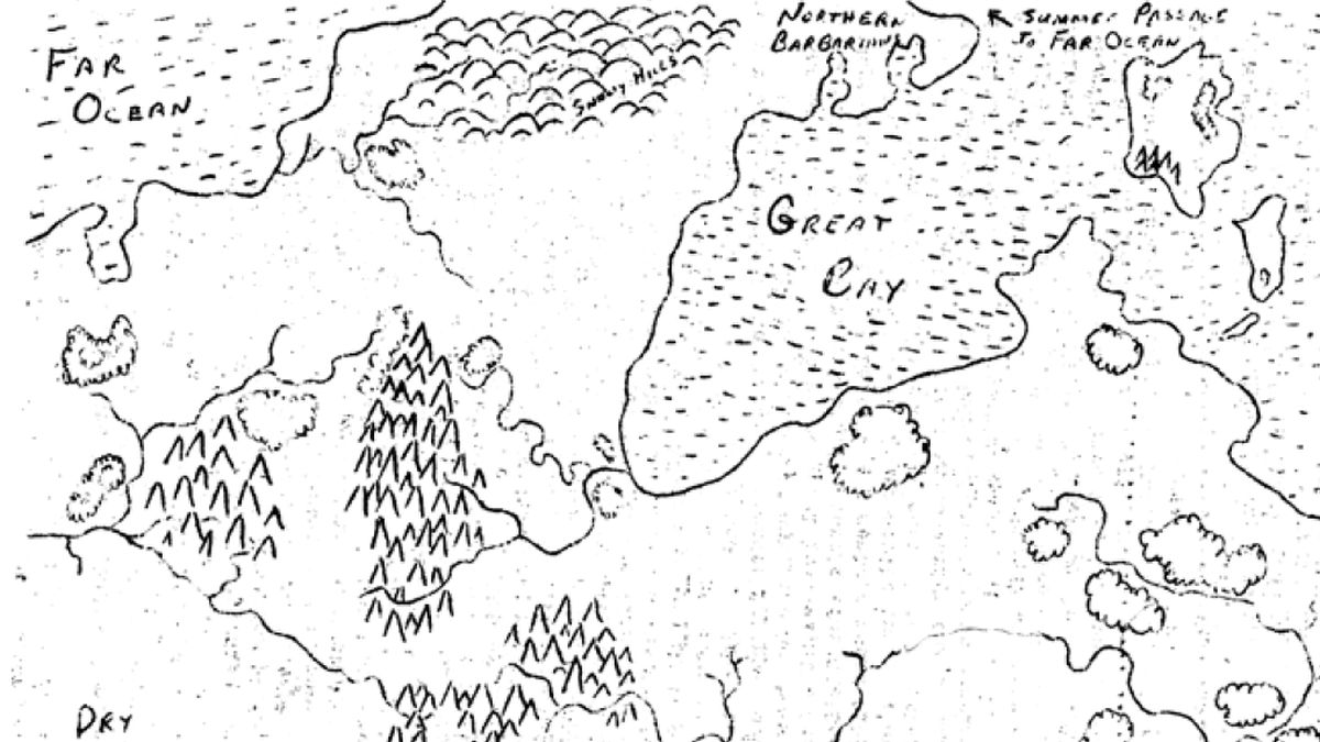A map of the Great Kingdom with NORTHERN BARBARIANS at the top
