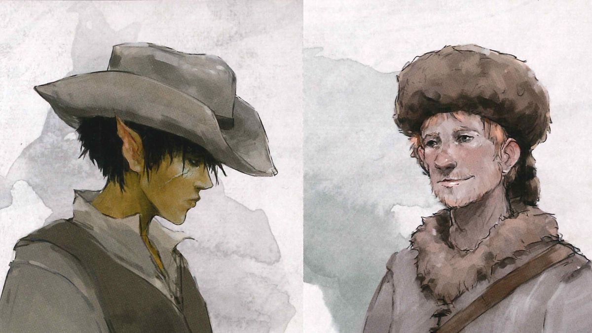 An elf in a cowboy hat and a human in a raccoon-skin cap