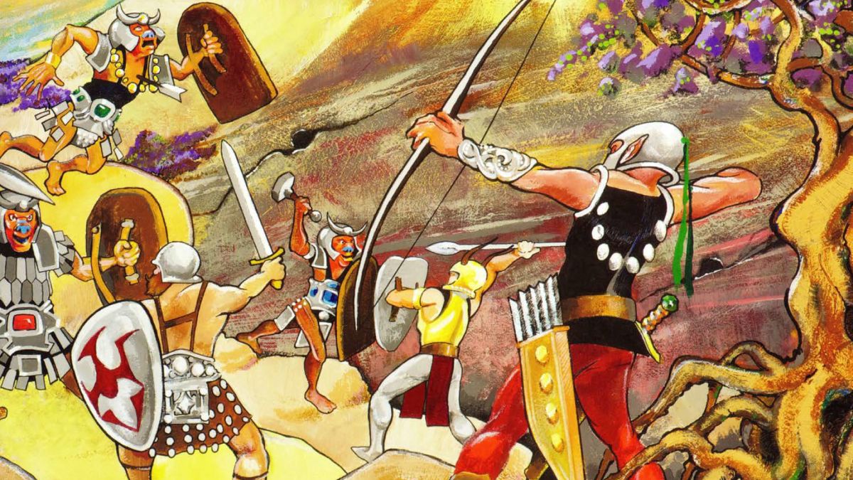 An elf shoots an arrow at attacking hobgoblins in the wilderness