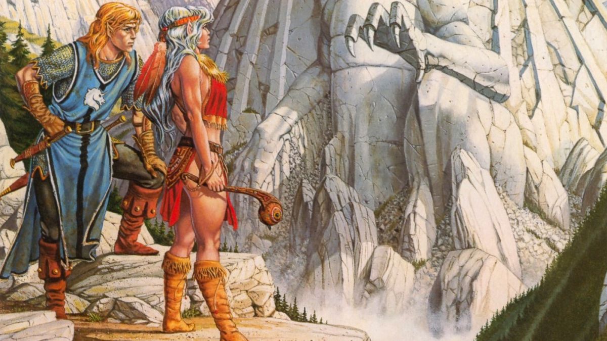 Two of Dragonlance's heroes look across a canyon at a dragon statue