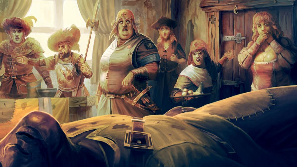 A dead body is discovered by a variety of shocked individuals in the Three Feathers inn