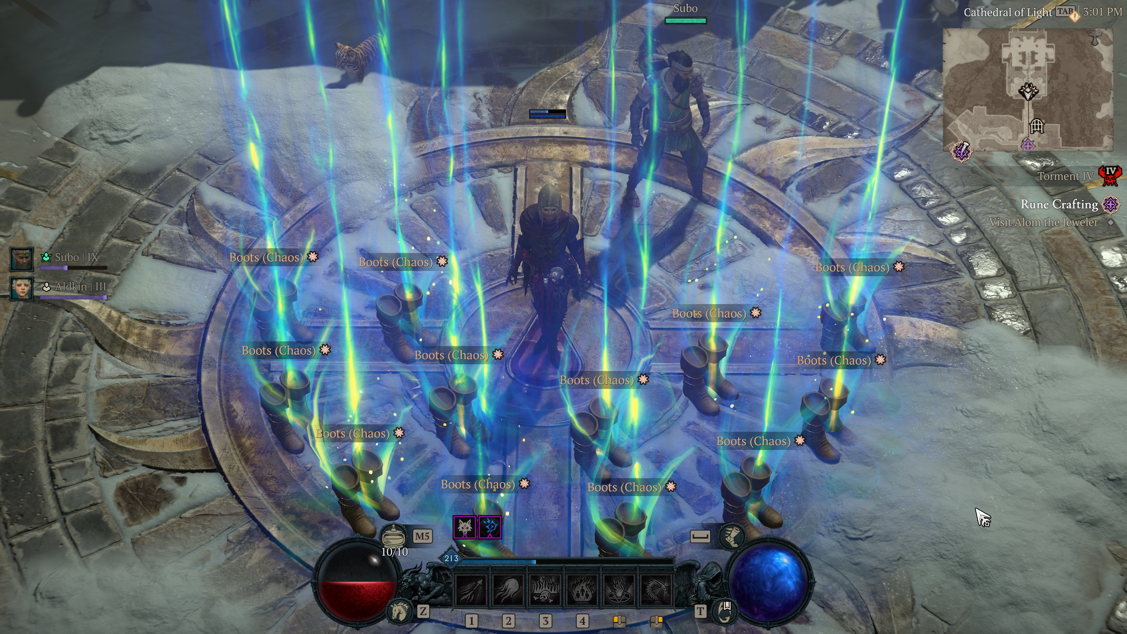A screenshot of Diablo 4. A sorceress is standing in a plaza surrounded by loot on the floor that gives off a turquoise beam of light that reaches up to the sky.