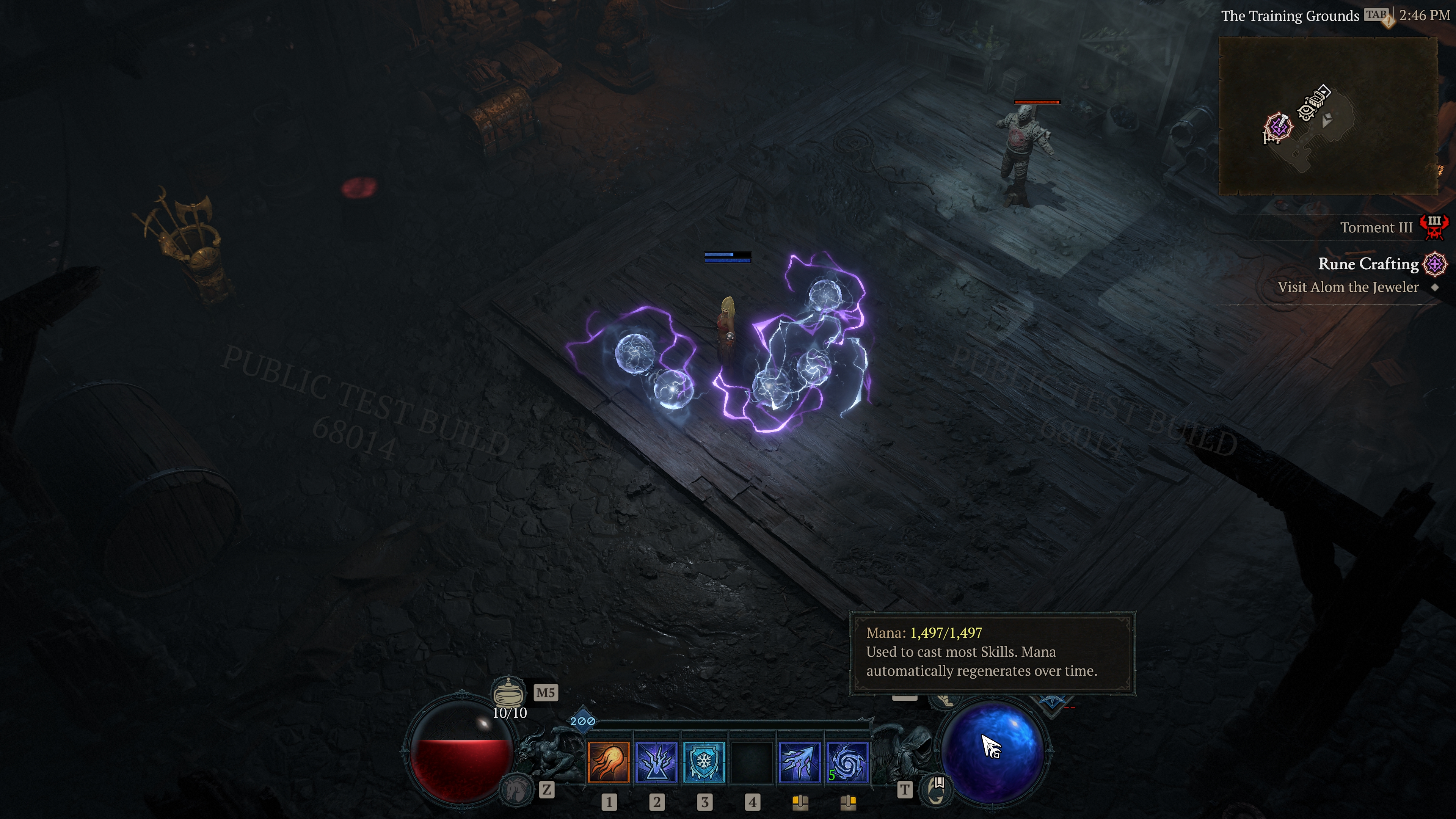 A screenshot of Diablo 4's season 10 PTR. A sorceress in a dark room is surrounded by bright orbs of chaotic lightning.