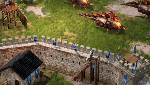 A herd of stegosauruses outfitted for battle laying siege to a castle in Dinolords.