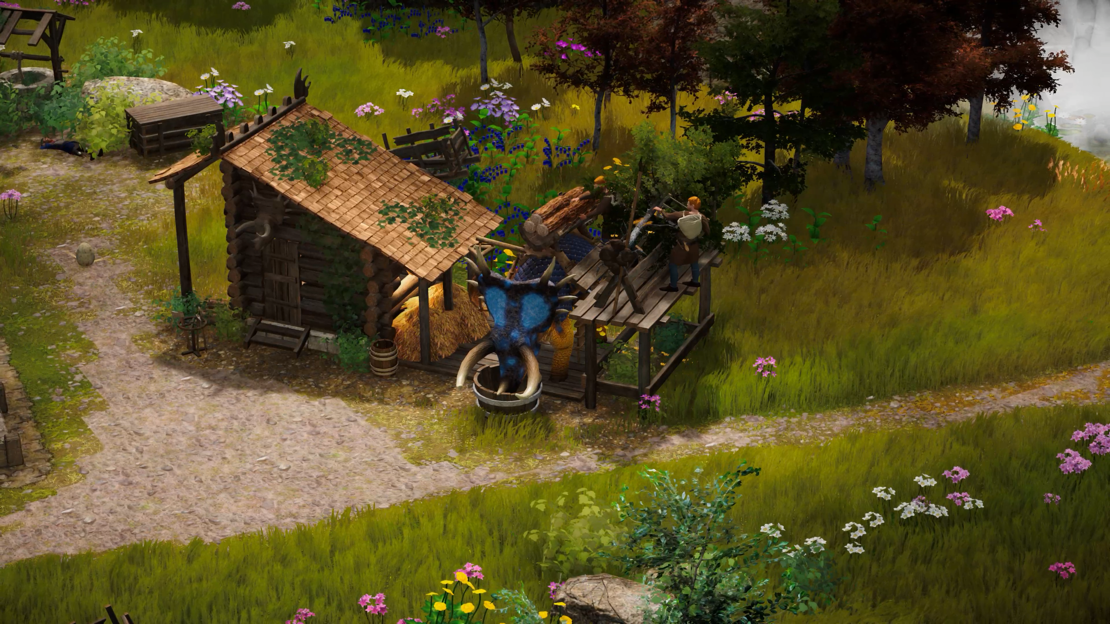 A lumber mill building with a trained triceratops in Dinolords.