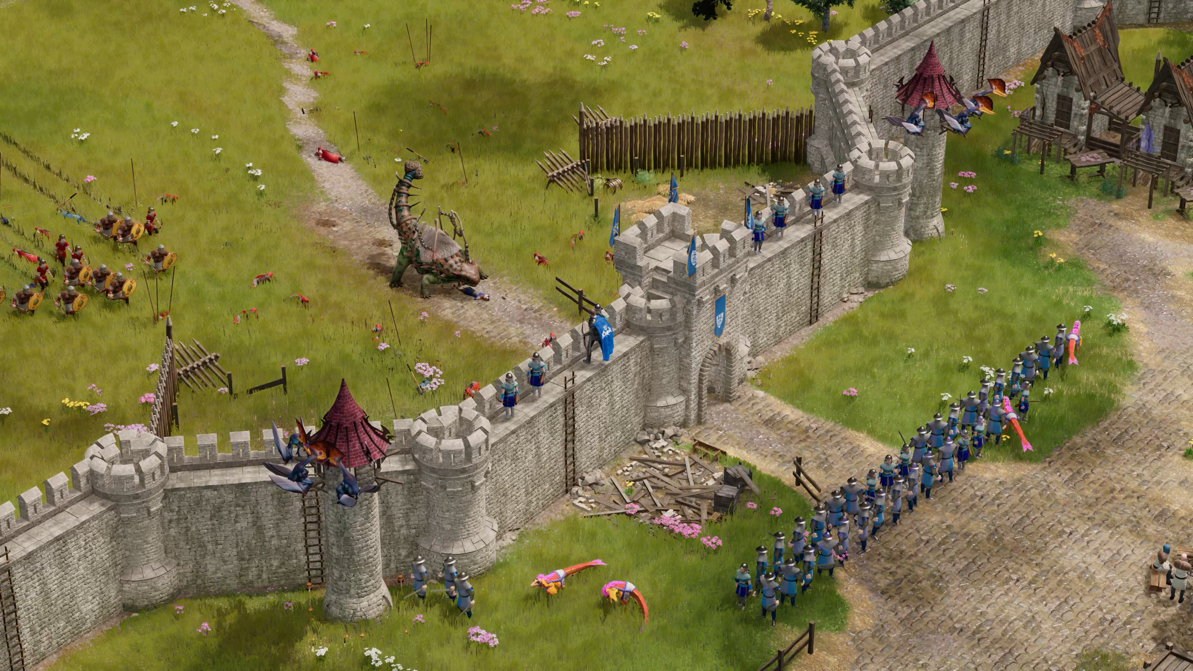 An ankylosaurus laying siege to a castle in Dinolords.