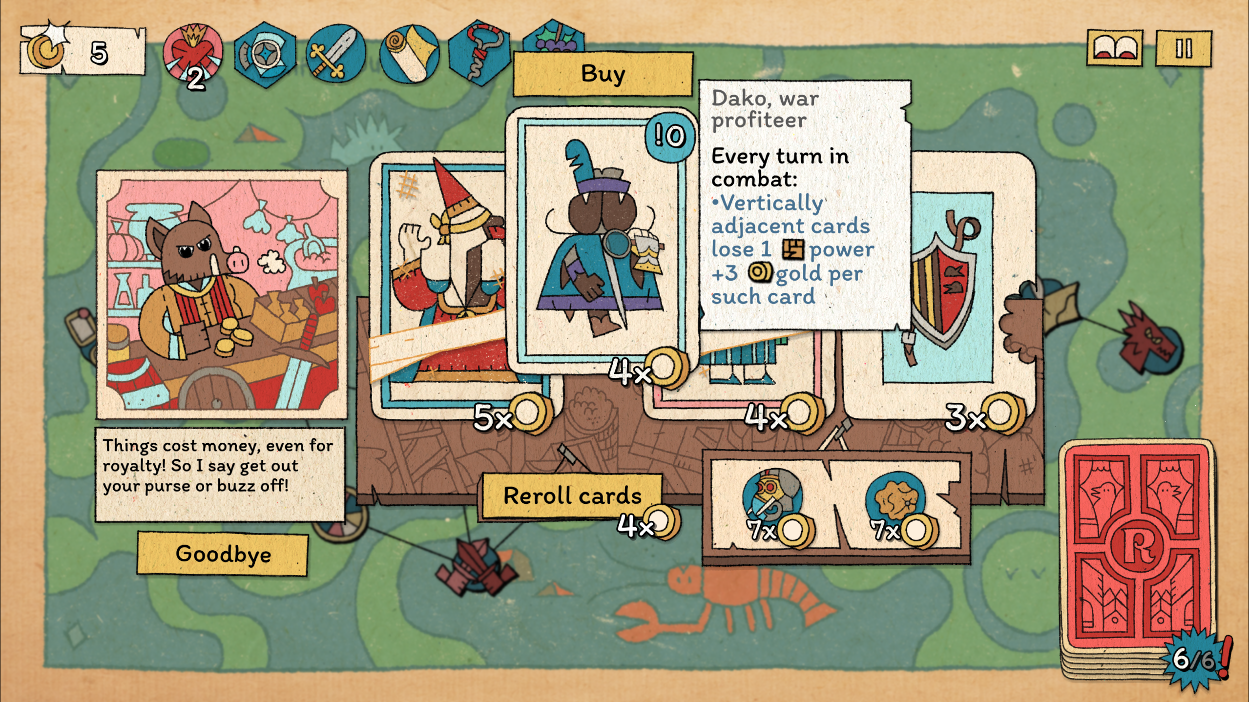 Shopping for cards in The Royal Writ.