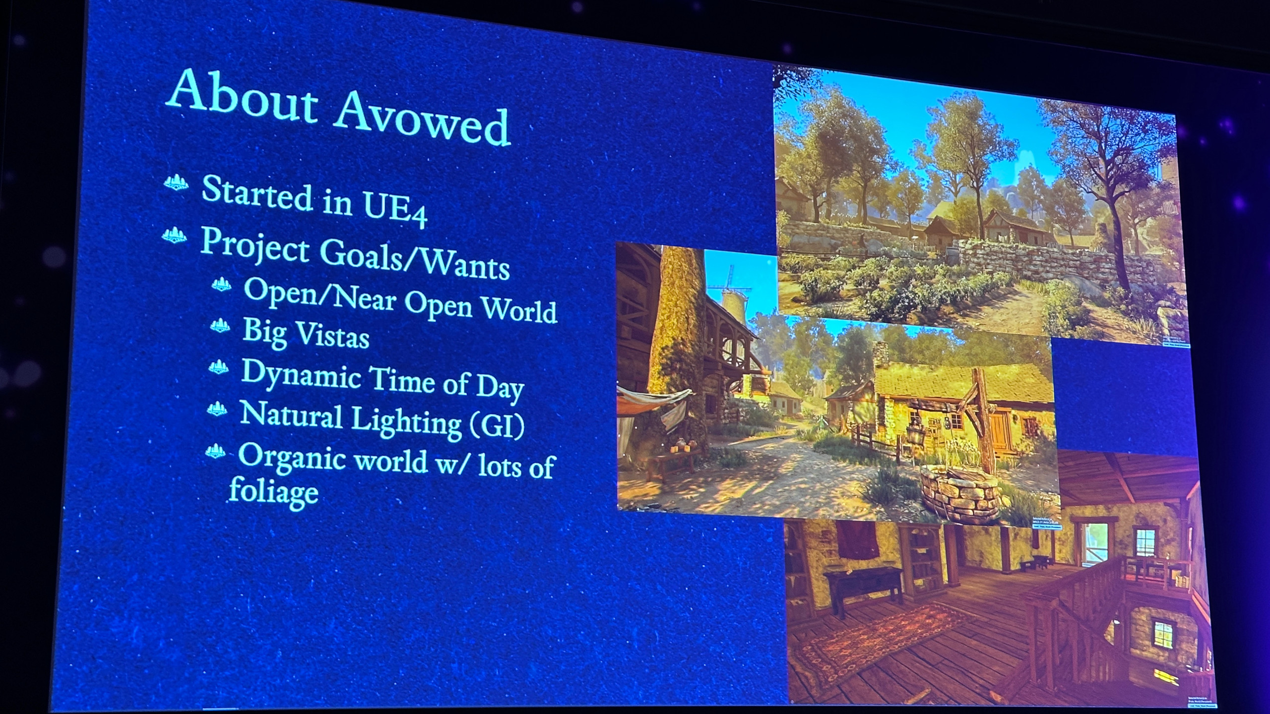 A photo of a presentation slide from Obsidian Entertainment, explaining some of the development aspects of its 2025 game, Avowed