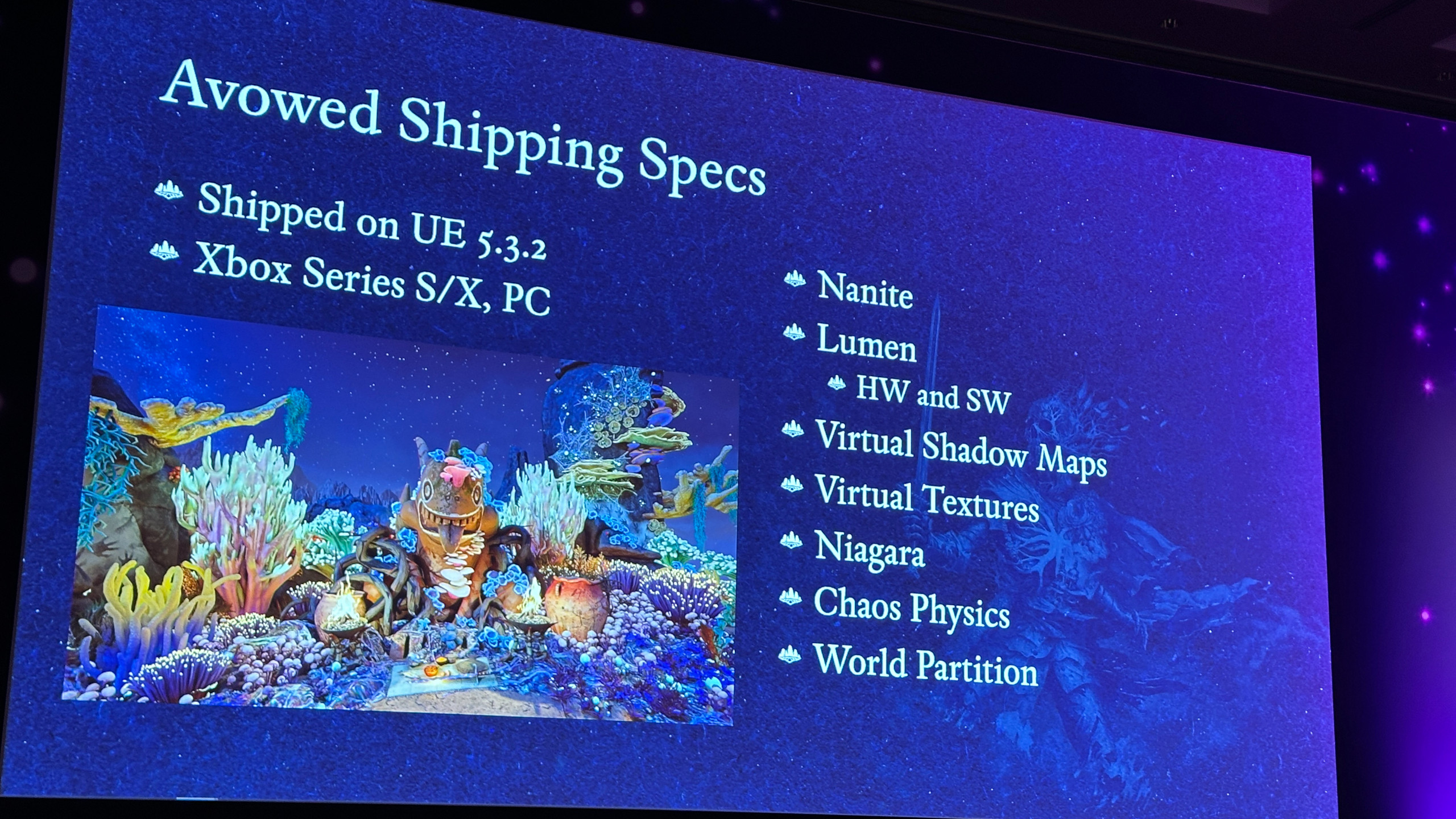 A photo of a presentation slide from Obsidian Entertainment, explaining some of the development aspects of its 2025 game, Avowed