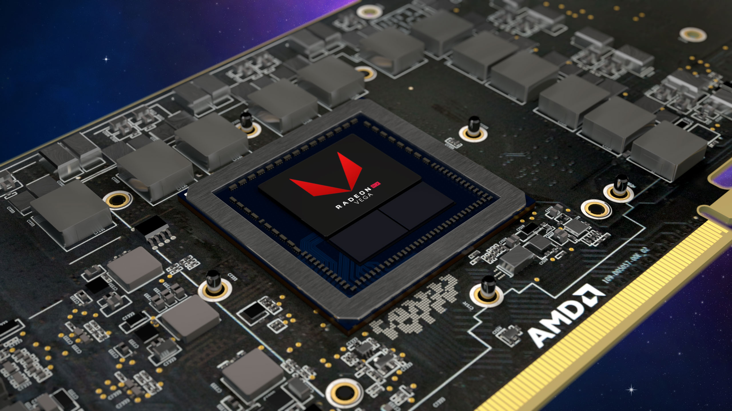 A stylized image of an AMD Vega GPU on a printed circuit board, highlighting the use of HBM chips.