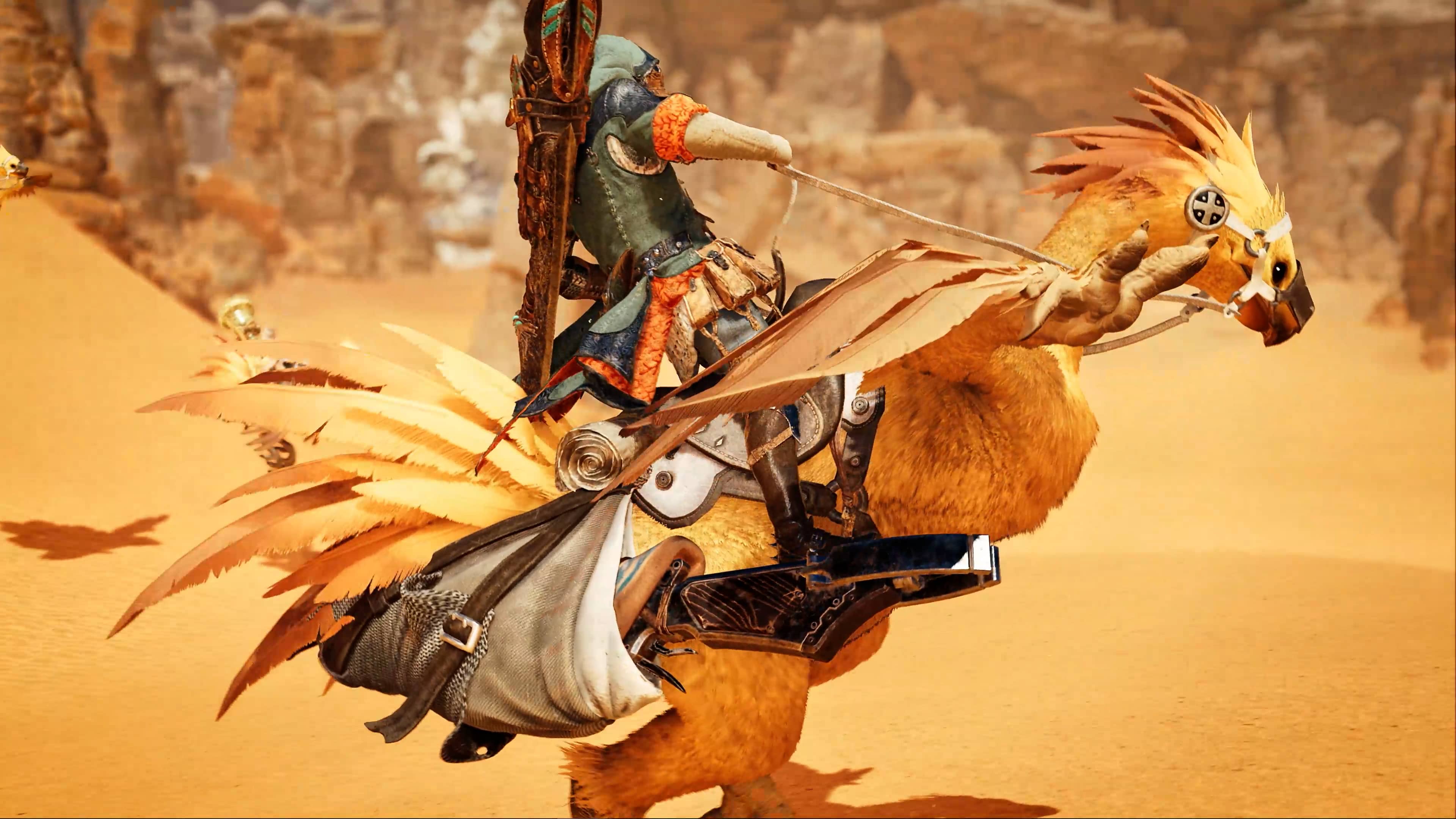 A Seikret in Monster Hunter Wilds, but using a skin to look like a Chocobo in the FFXIV crossover.