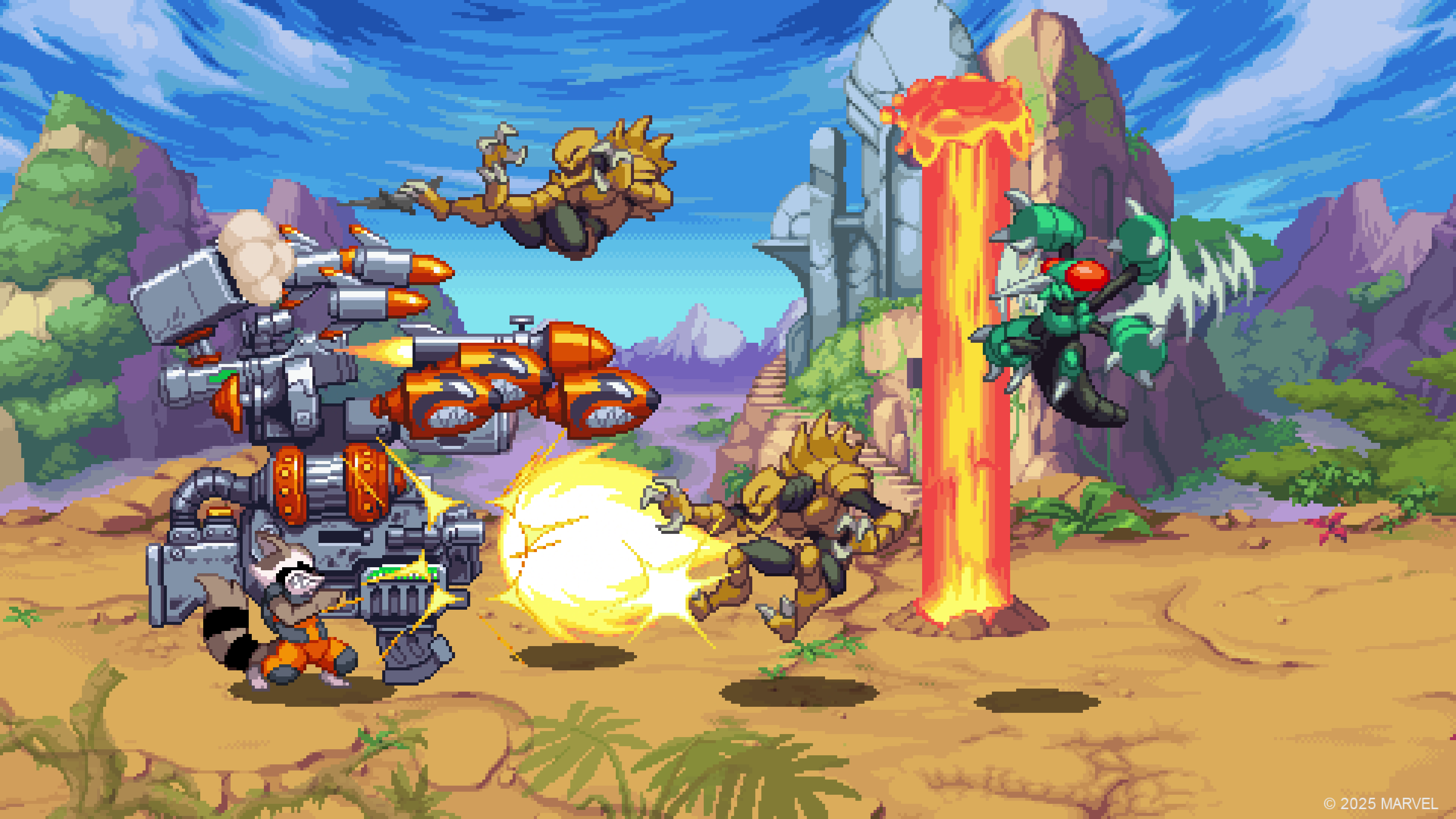 Rocket Raccoon firing a huge gun at enemies in Marvel Cosmic Invasion.