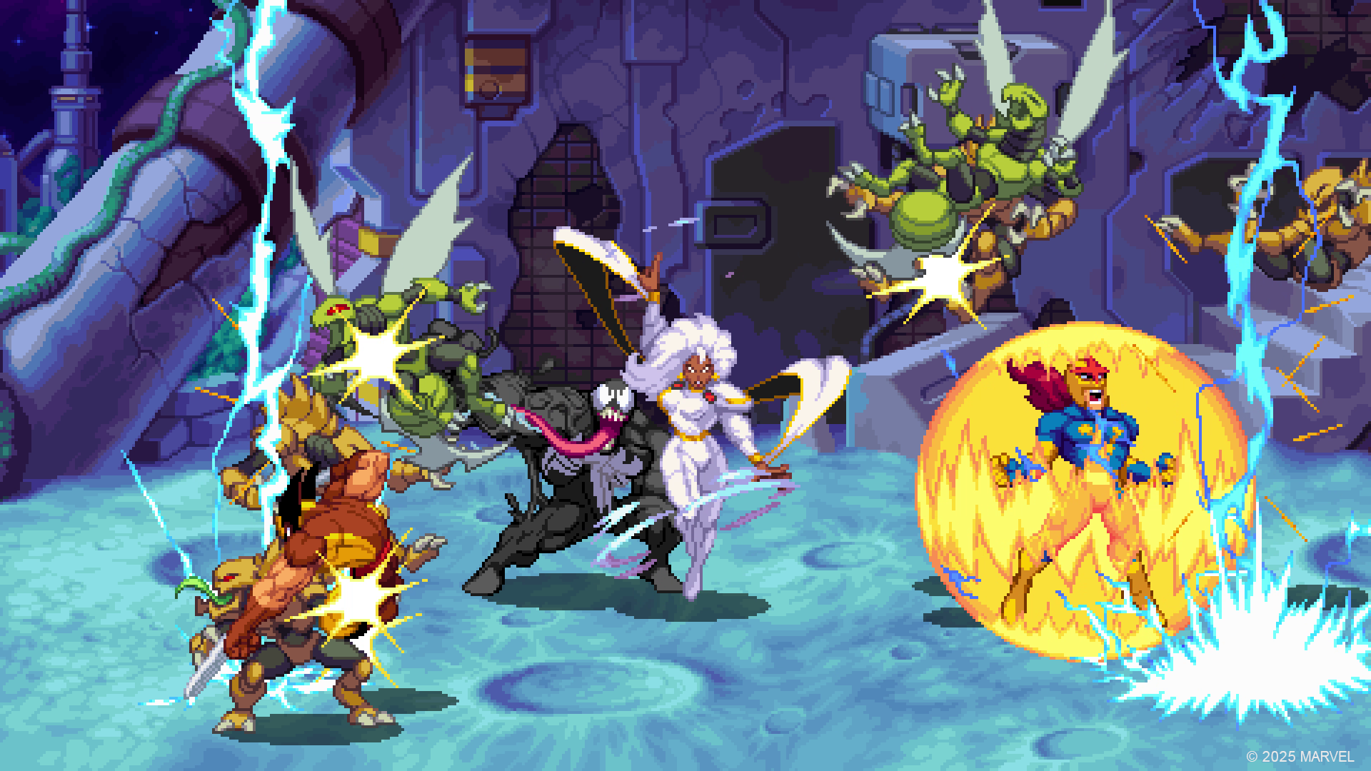 Storm, Nova, Venom, and Wolverine attacking a group of enemies in Marvel Cosmic Invasion.